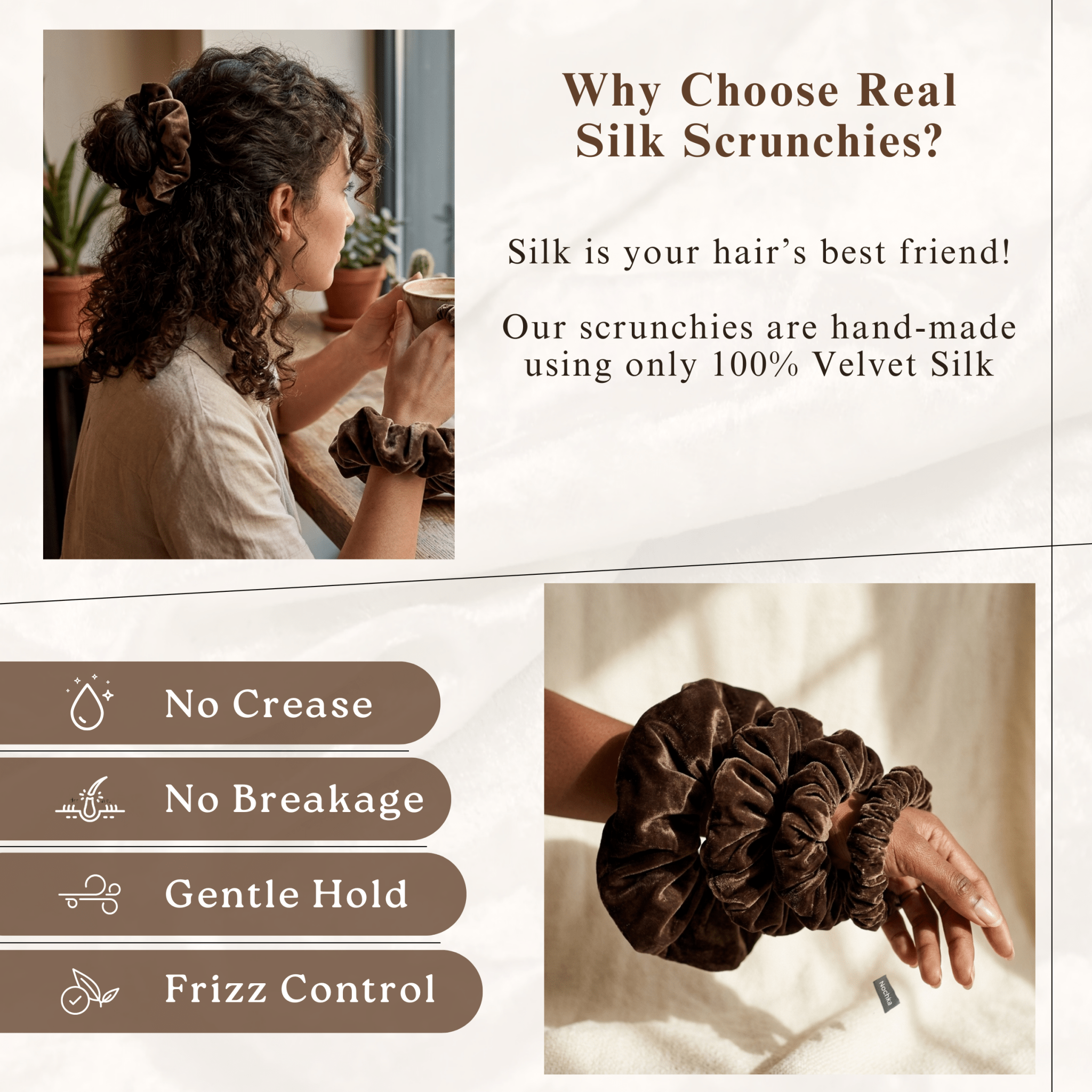 NOCHKA Chocolate Velvet Silk Scrunchies – Ultra Thin, Skinny, Regular & Jumbo Hair Ties – Soft Luxury Black Scrunchies for All Hair Types (Copy) - NOCHKA
