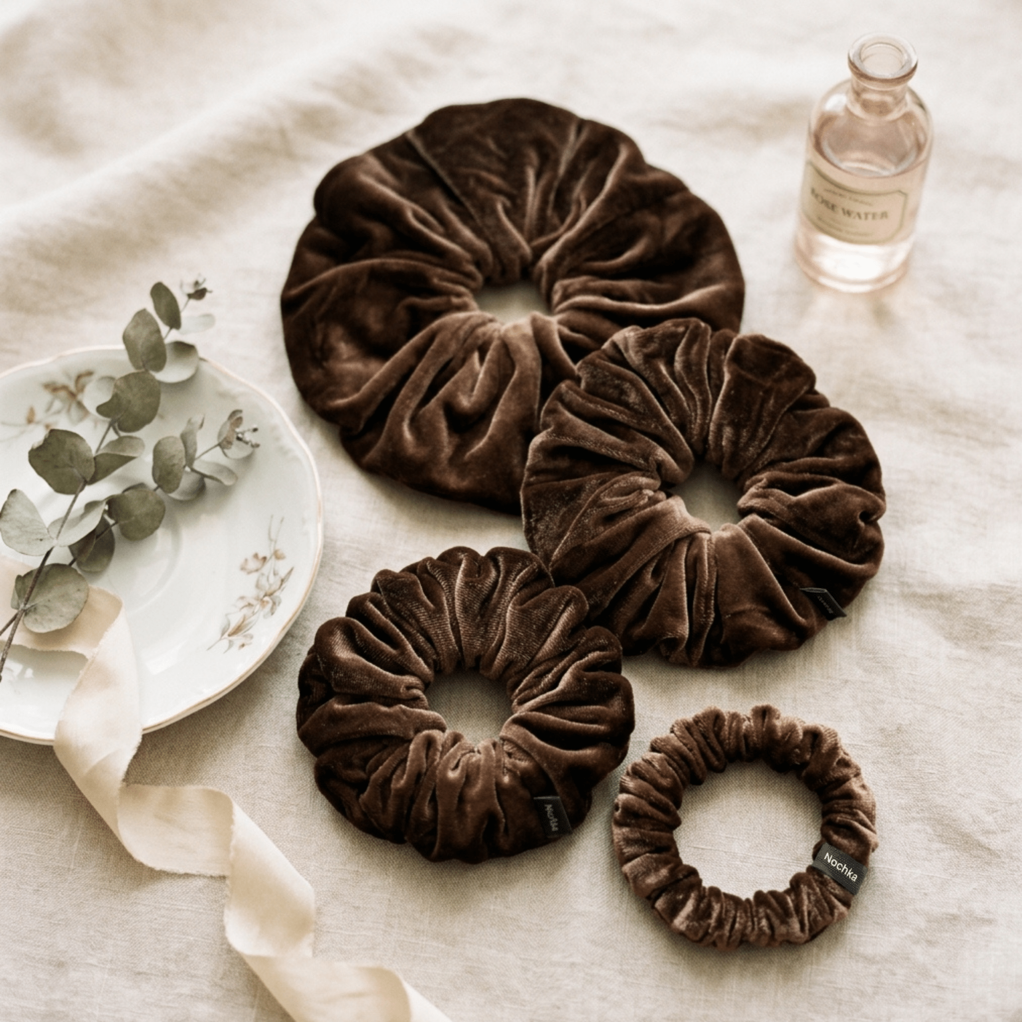 NOCHKA Chocolate Velvet Silk Scrunchies – Ultra Thin, Skinny, Regular & Jumbo Hair Ties – Soft Luxury Black Scrunchies for All Hair Types (Copy) - NOCHKA
