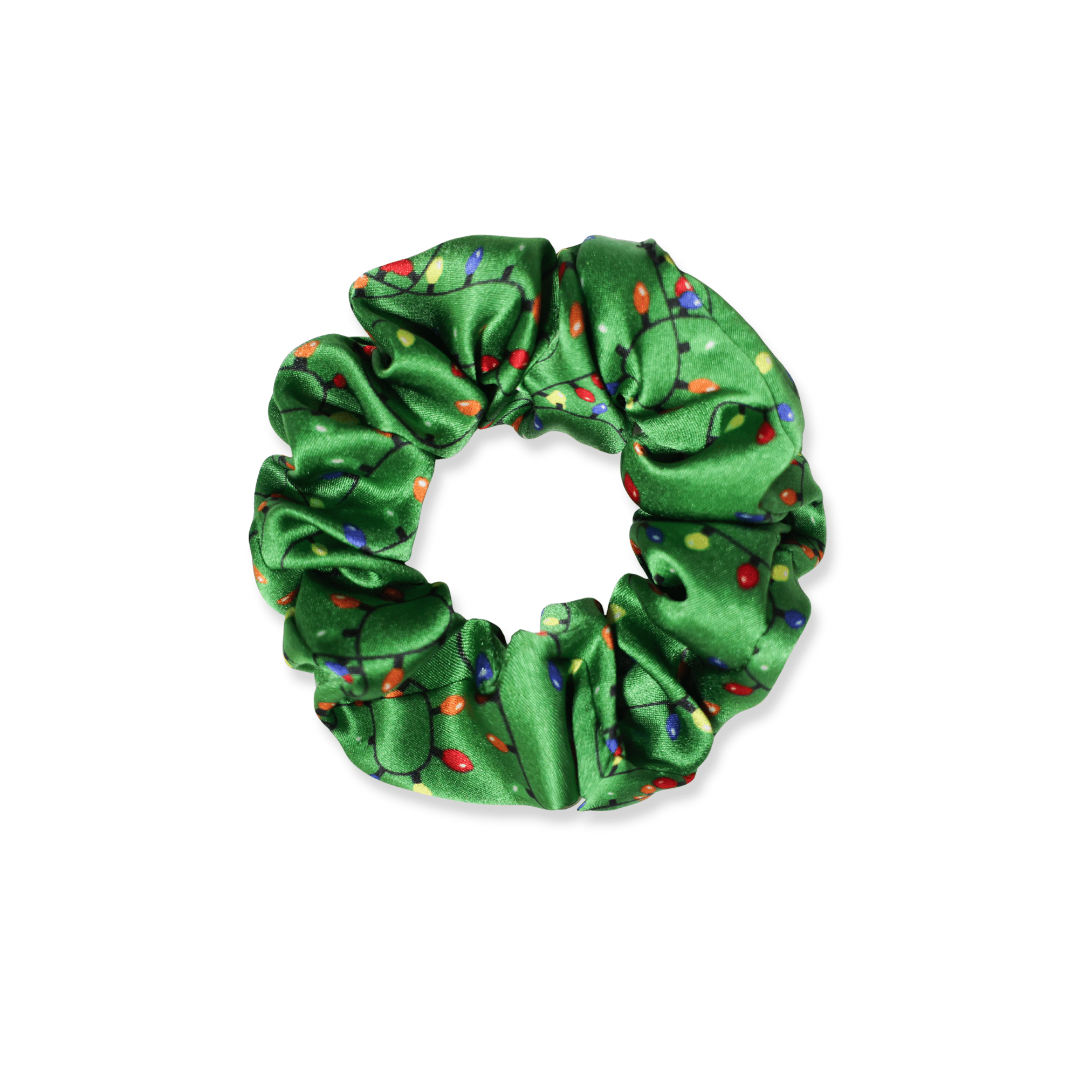 NOCHKA Christmas Lights on Green Print of Silk Scrunchies – Ultra Thin, Skinny, Regular & Jumbo - NOCHKA