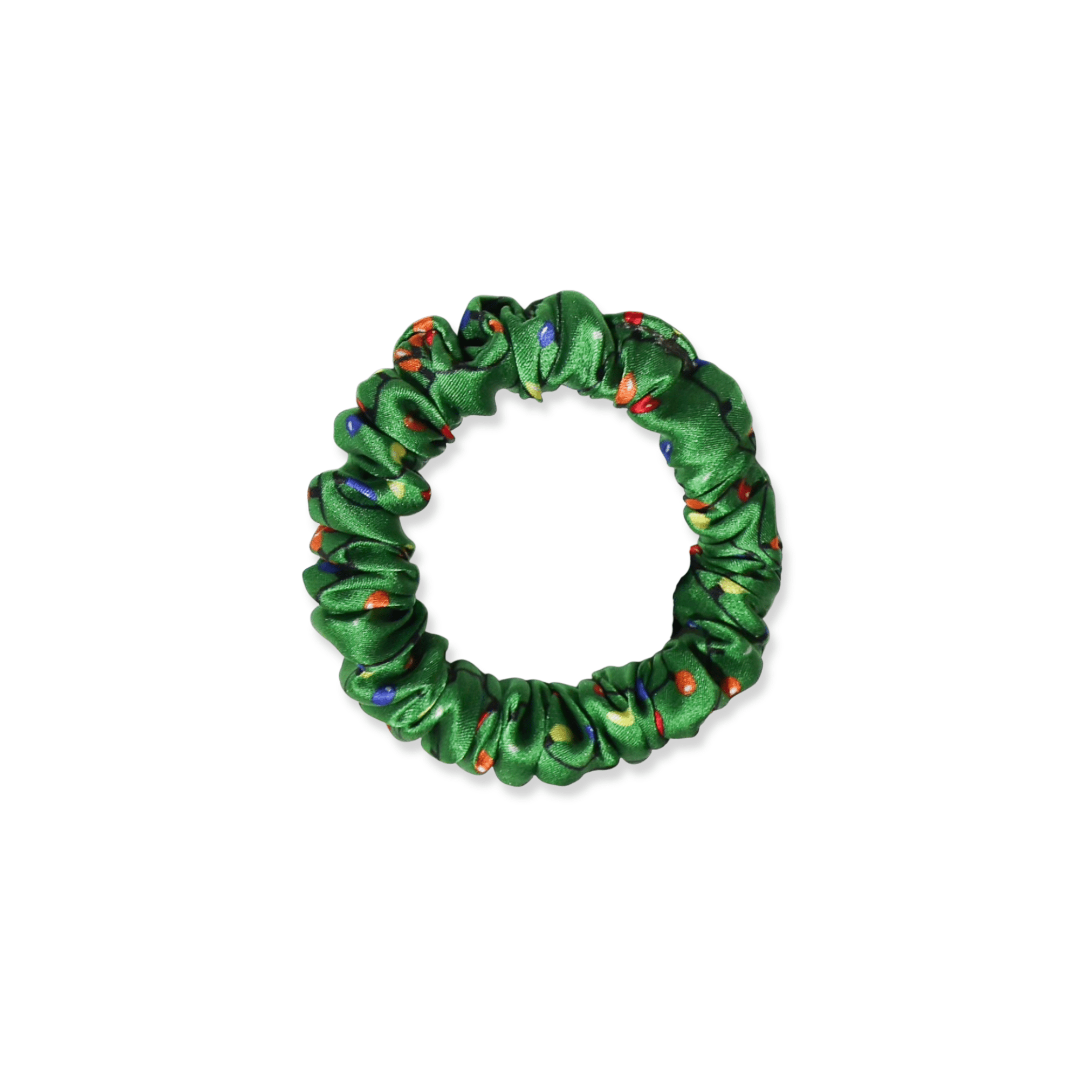 NOCHKA Christmas Lights on Green Print of Silk Scrunchies – Ultra Thin, Skinny, Regular & Jumbo - NOCHKA