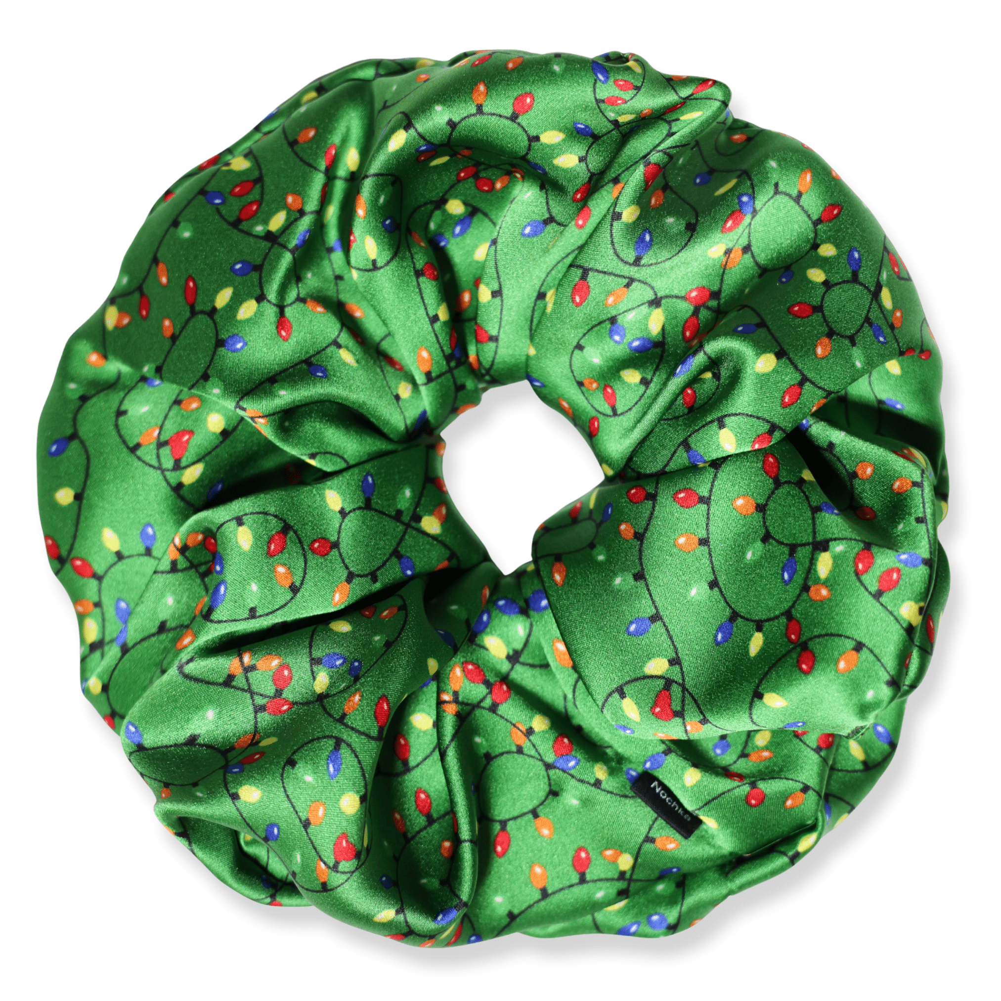 NOCHKA Christmas Lights on Green Print of Silk Scrunchies – Ultra Thin, Skinny, Regular & Jumbo - NOCHKA