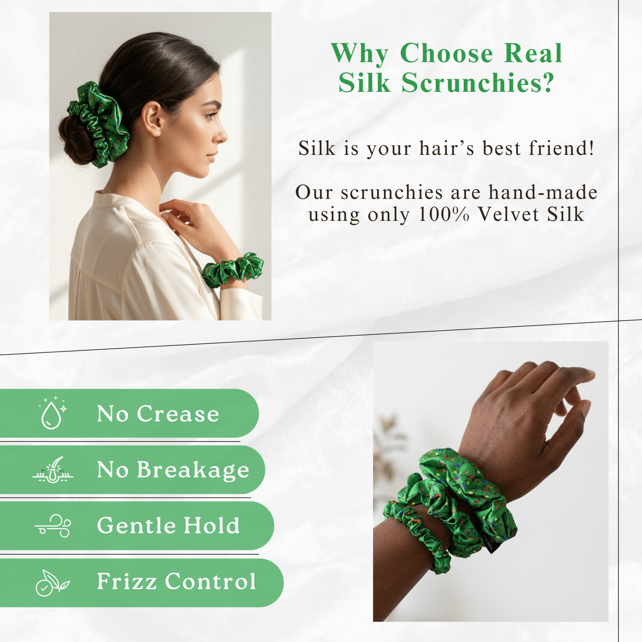 NOCHKA Christmas Lights on Green Print of Silk Scrunchies – Ultra Thin, Skinny, Regular & Jumbo - NOCHKA
