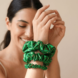 NOCHKA Christmas Lights on Green Print of Silk Scrunchies – Ultra Thin, Skinny, Regular & Jumbo - NOCHKA
