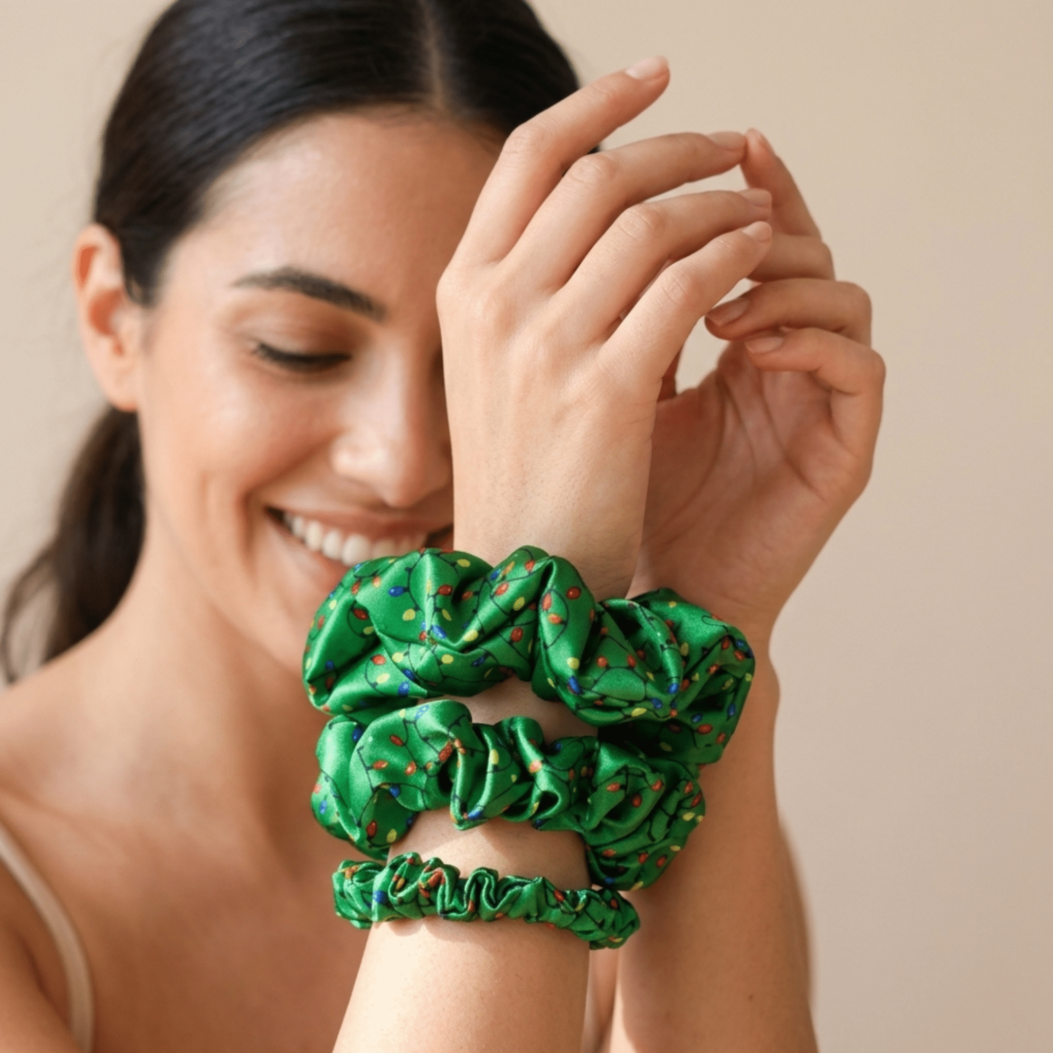 NOCHKA Christmas Lights on Green Print of Silk Scrunchies – Ultra Thin, Skinny, Regular & Jumbo - NOCHKA
