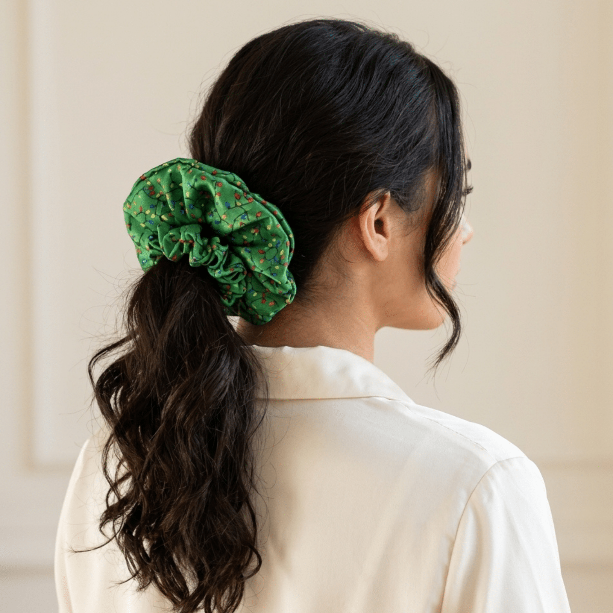 NOCHKA Christmas Lights on Green Print of Silk Scrunchies – Ultra Thin, Skinny, Regular & Jumbo - NOCHKA
