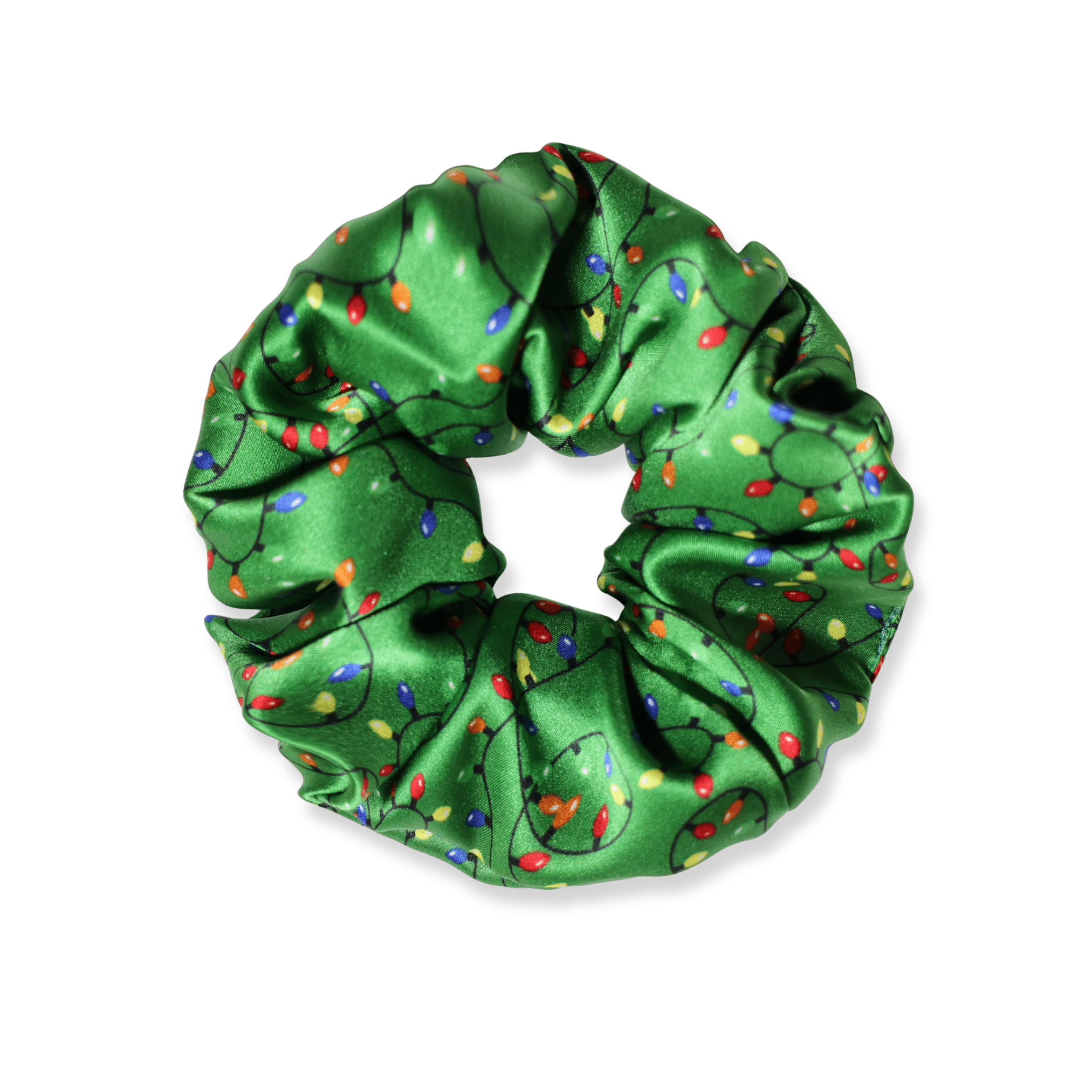 NOCHKA Christmas Lights on Green Print of Silk Scrunchies – Ultra Thin, Skinny, Regular & Jumbo - NOCHKA
