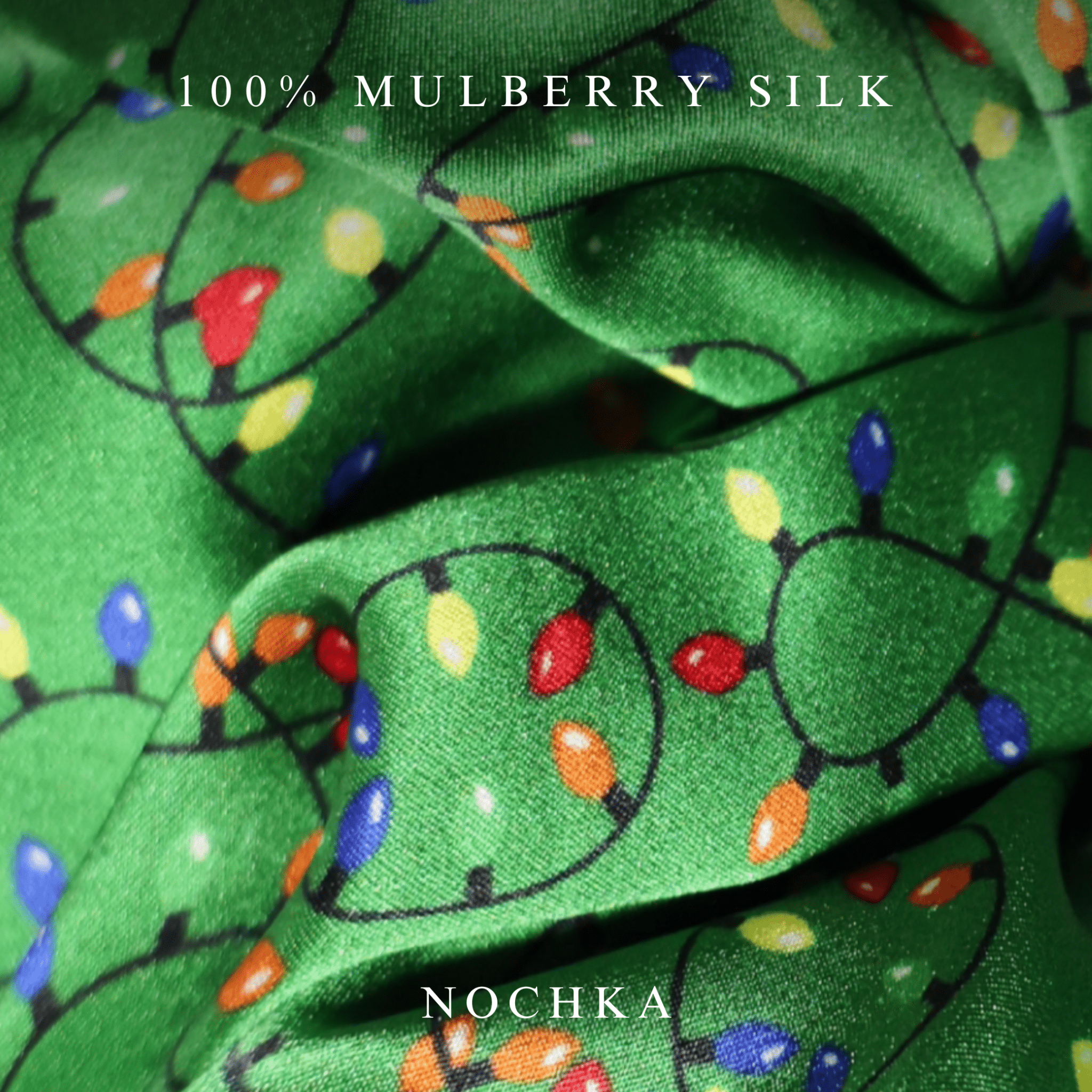 NOCHKA Christmas Lights on Green Print of Silk Scrunchies – Ultra Thin, Skinny, Regular & Jumbo - NOCHKA
