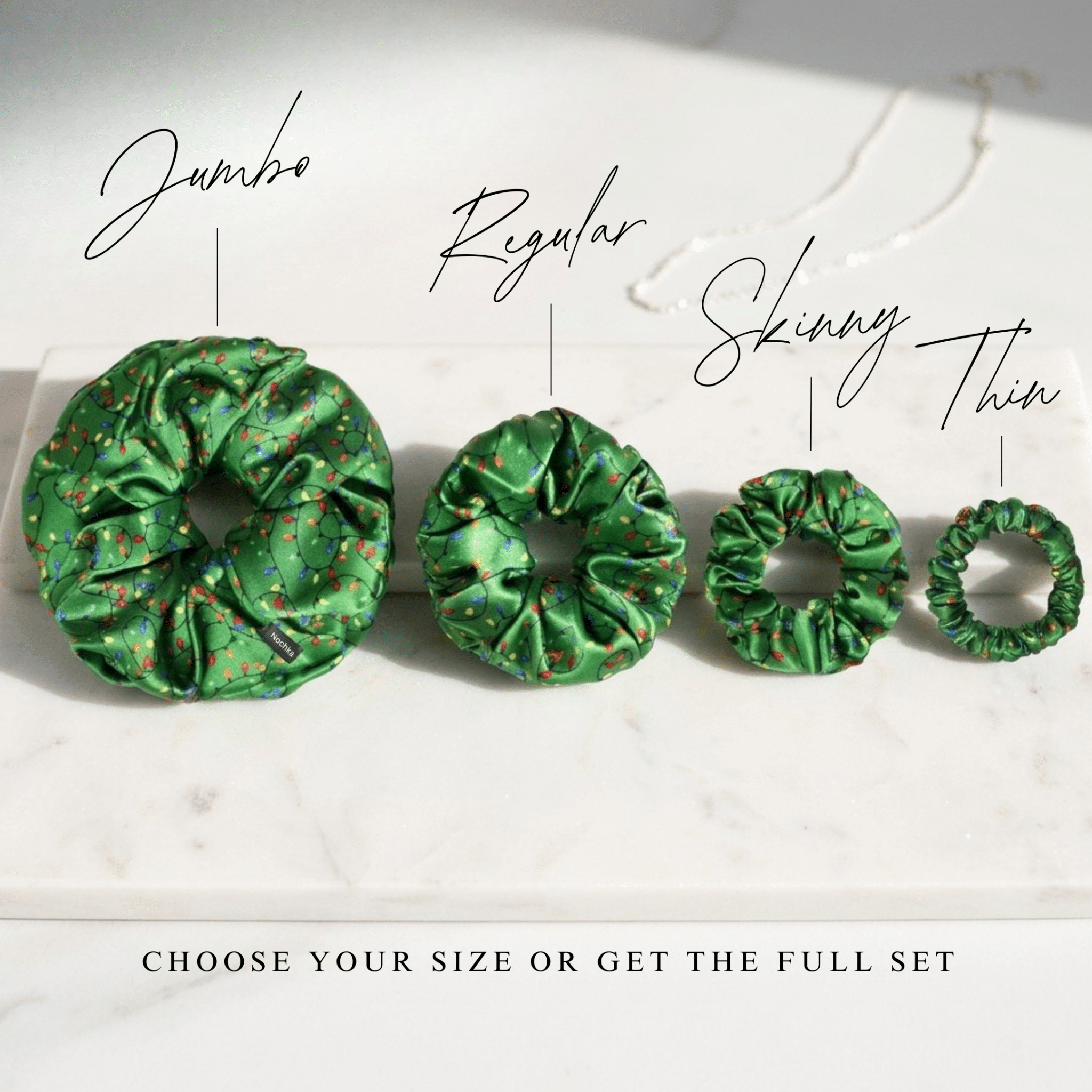 NOCHKA Christmas Lights on Green Print of Silk Scrunchies – Ultra Thin, Skinny, Regular & Jumbo - NOCHKA
