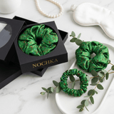 NOCHKA Christmas Lights on Green Print of Silk Scrunchies – Ultra Thin, Skinny, Regular & Jumbo - NOCHKA

