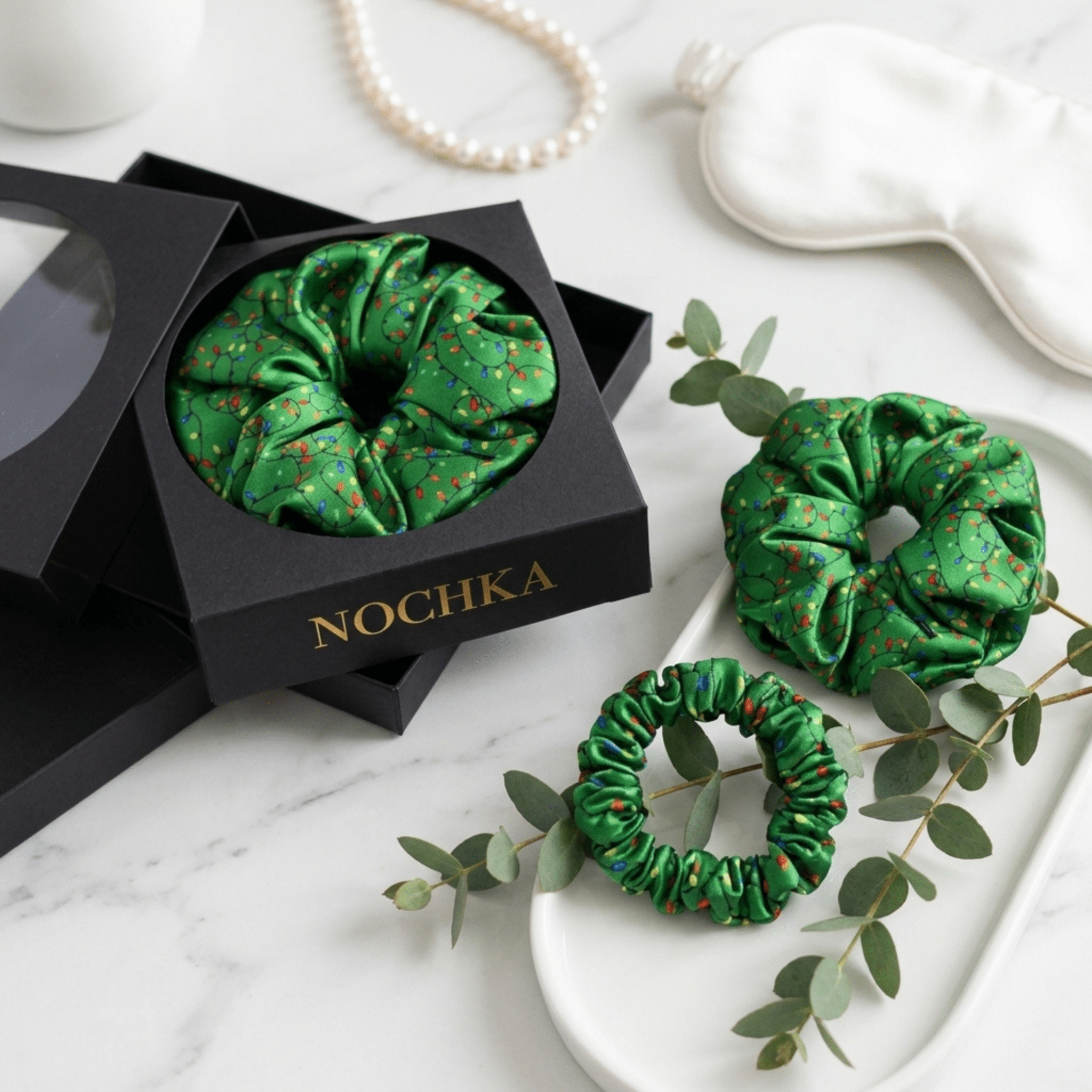 NOCHKA Christmas Lights on Green Print of Silk Scrunchies – Ultra Thin, Skinny, Regular & Jumbo - NOCHKA
