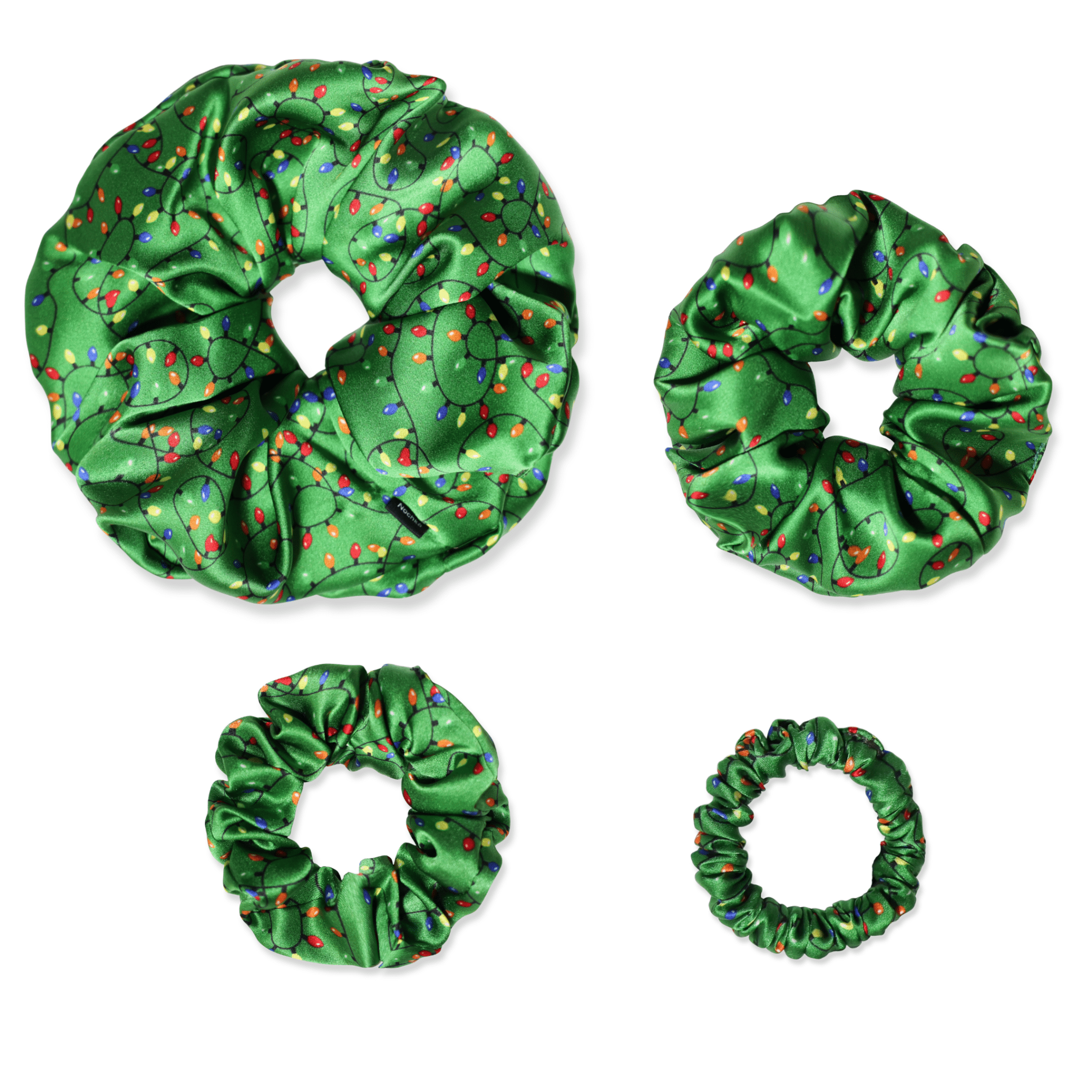 NOCHKA Christmas Lights on Green Print of Silk Scrunchies – Ultra Thin, Skinny, Regular & Jumbo - NOCHKA