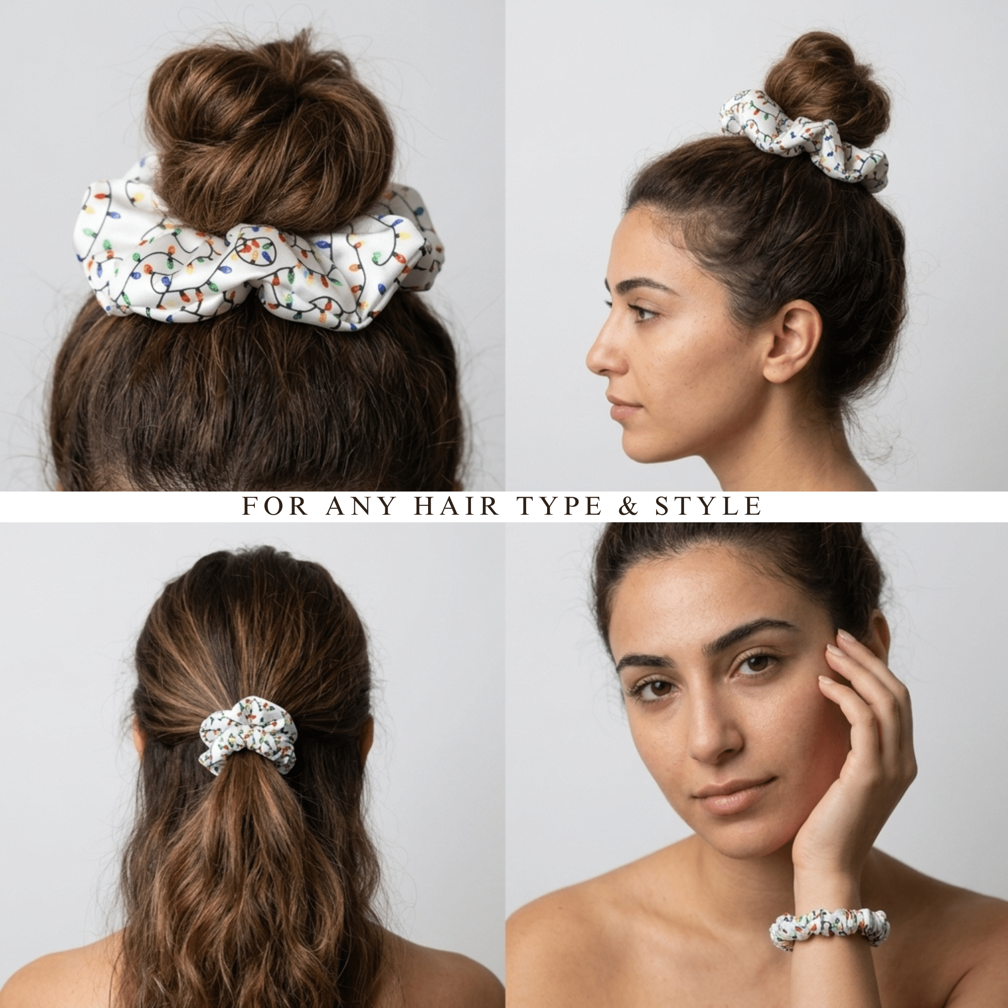 NOCHKA Christmas Lights on White Print of Silk Scrunchies – Ultra Thin, Skinny, Regular & Jumbo - NOCHKA
