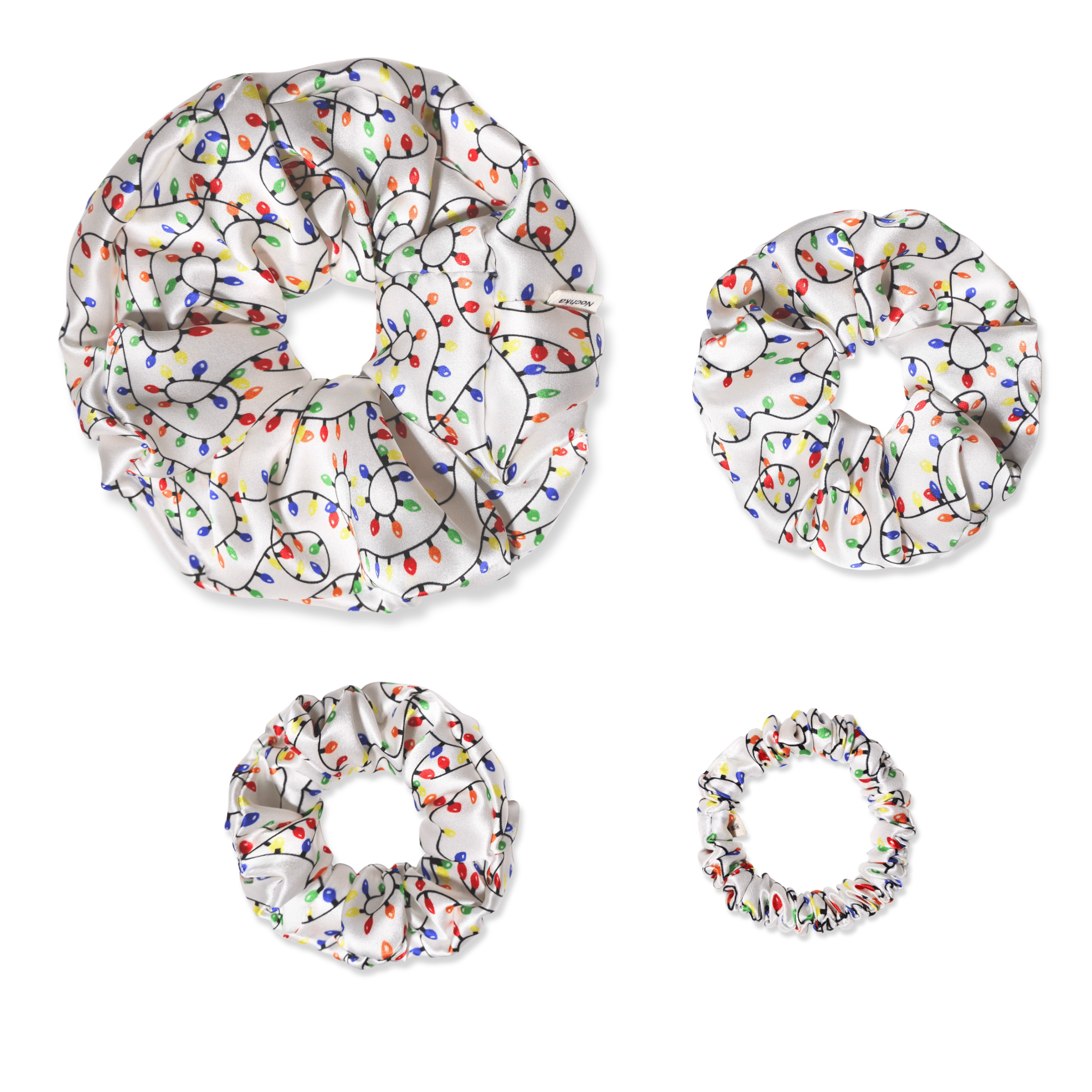 NOCHKA Christmas Lights on White Print of Silk Scrunchies – Ultra Thin, Skinny, Regular & Jumbo - NOCHKA