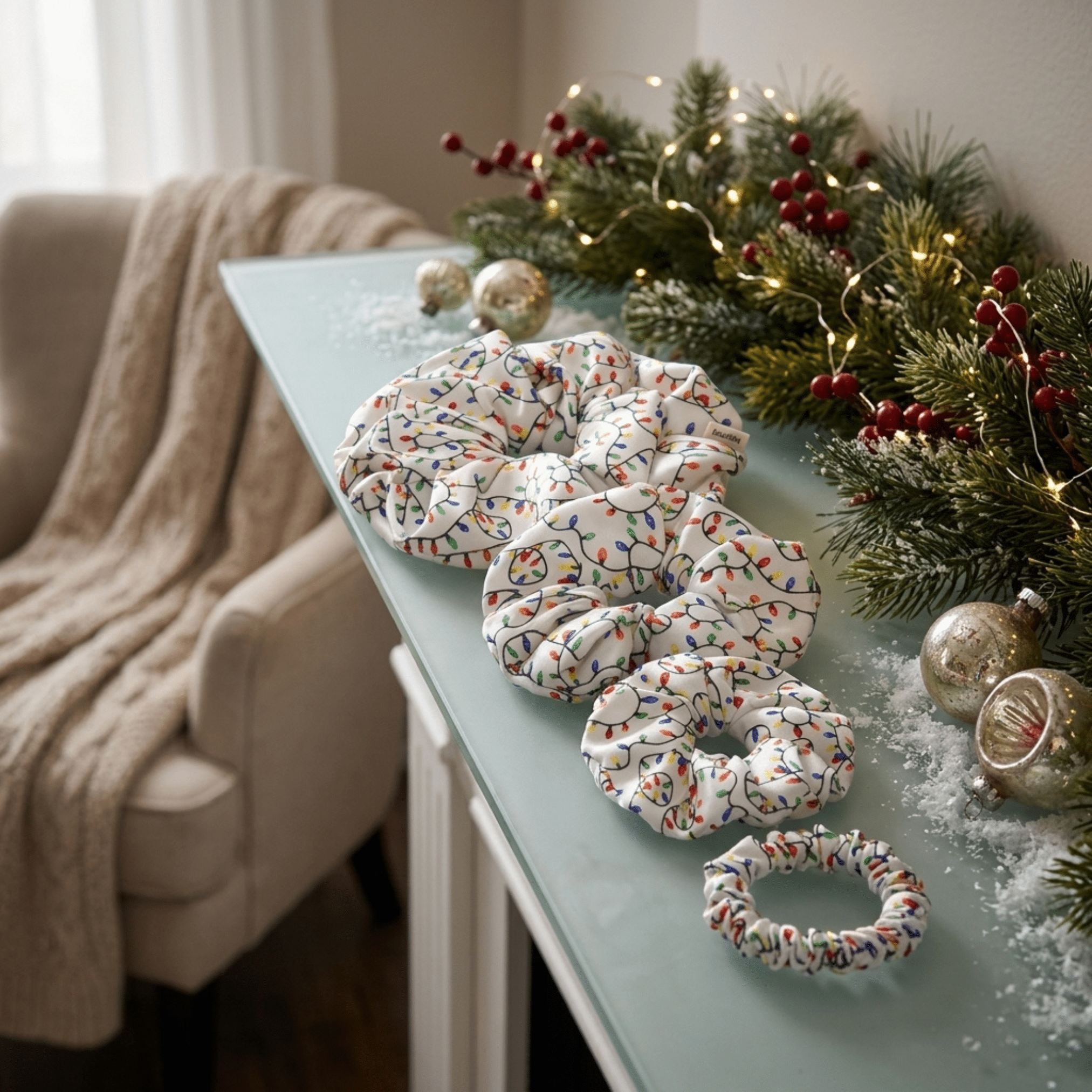 NOCHKA Christmas Lights on White Print of Silk Scrunchies – Ultra Thin, Skinny, Regular & Jumbo - NOCHKA
