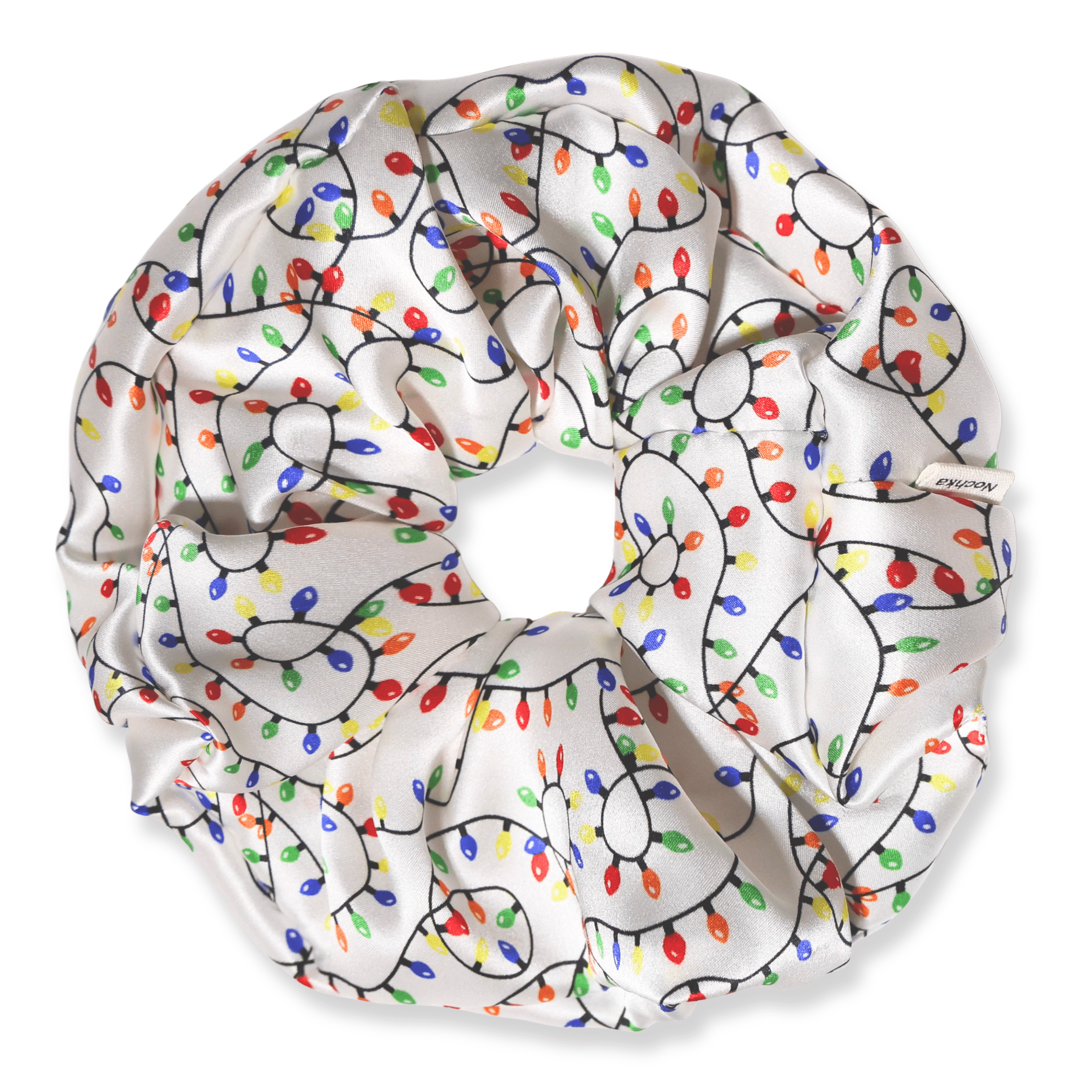 NOCHKA Christmas Lights on White Print of Silk Scrunchies – Ultra Thin, Skinny, Regular & Jumbo - NOCHKA

