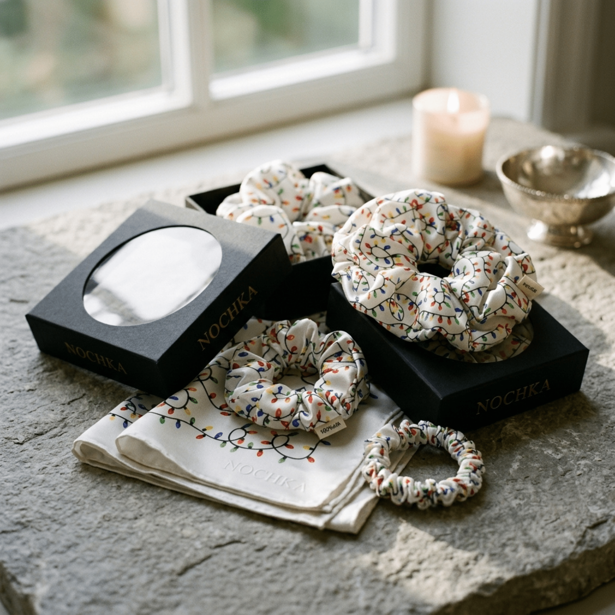 NOCHKA Christmas Lights on White Print of Silk Scrunchies – Ultra Thin, Skinny, Regular & Jumbo - NOCHKA

