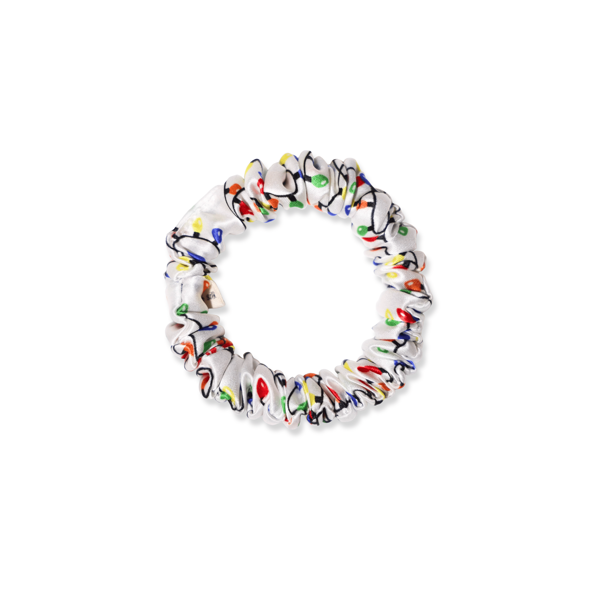 NOCHKA Christmas Lights on White Print of Silk Scrunchies – Ultra Thin, Skinny, Regular & Jumbo - NOCHKA
