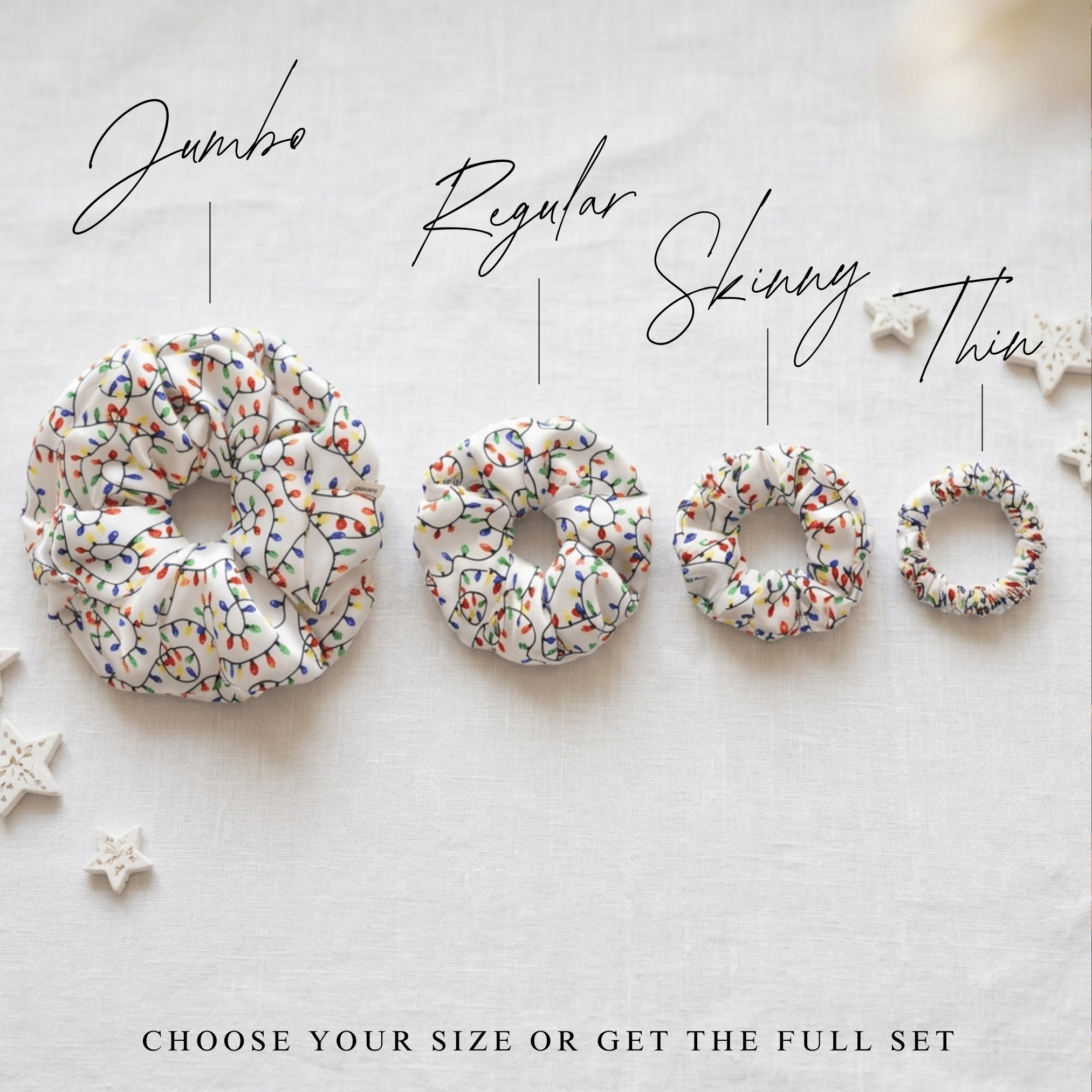 NOCHKA Christmas Lights on White Print of Silk Scrunchies – Ultra Thin, Skinny, Regular & Jumbo - NOCHKA
