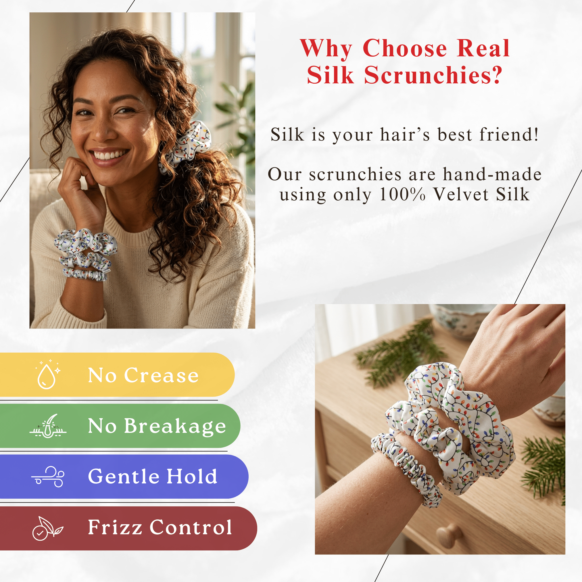 NOCHKA Christmas Lights on White Print of Silk Scrunchies – Ultra Thin, Skinny, Regular & Jumbo - NOCHKA

