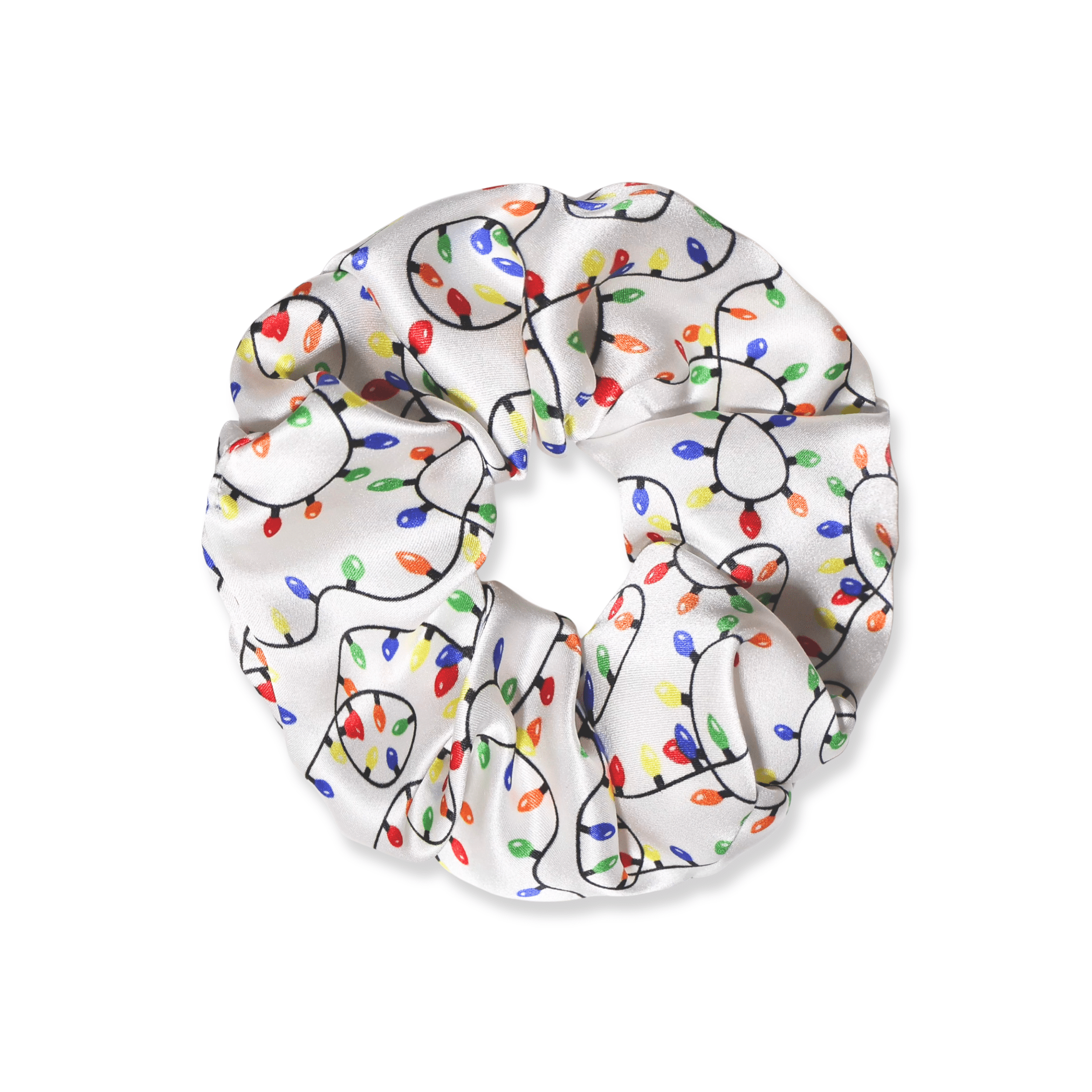 NOCHKA Christmas Lights on White Print of Silk Scrunchies – Ultra Thin, Skinny, Regular & Jumbo - NOCHKA
