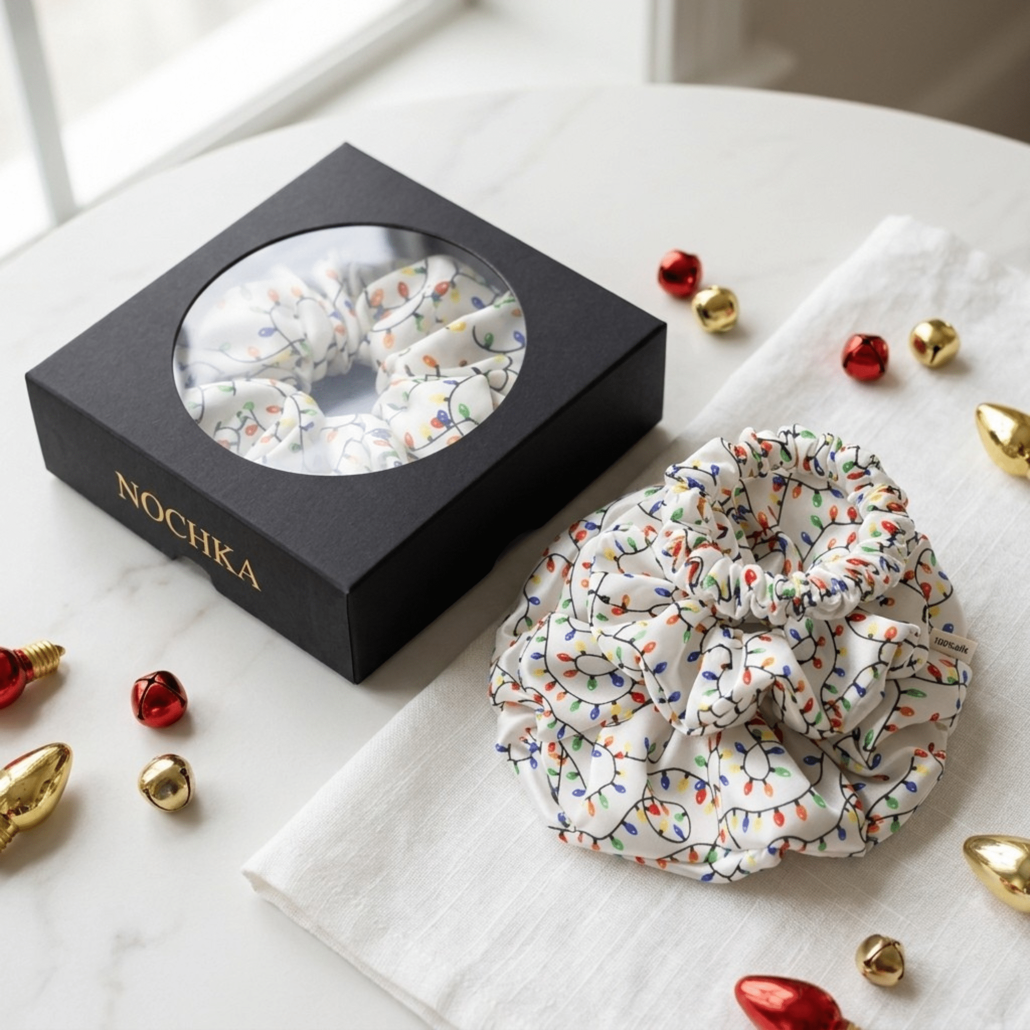 NOCHKA Christmas Lights on White Print of Silk Scrunchies – Ultra Thin, Skinny, Regular & Jumbo - NOCHKA
