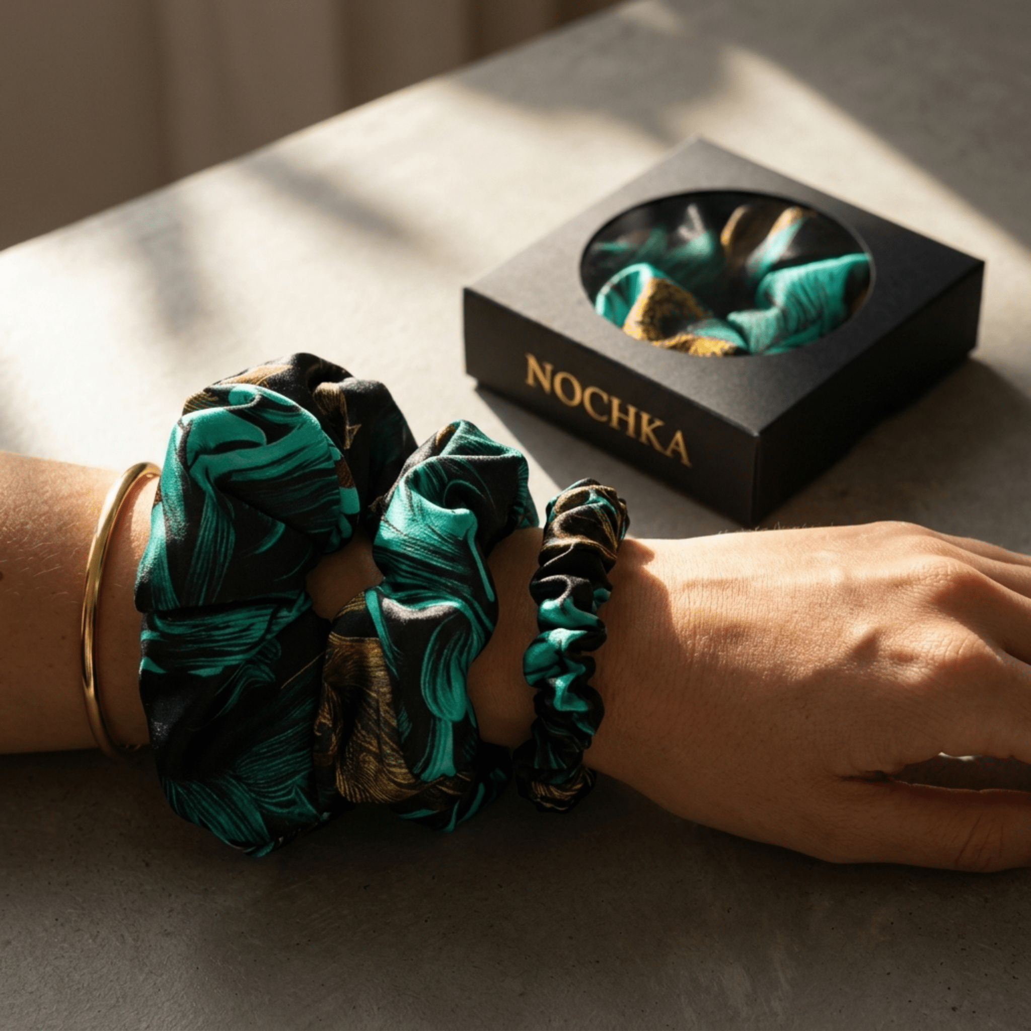 NOCHKA Chrysanthemum Print of Silk Scrunchies – Ultra Thin, Skinny, Regular & Jumbo - NOCHKA
