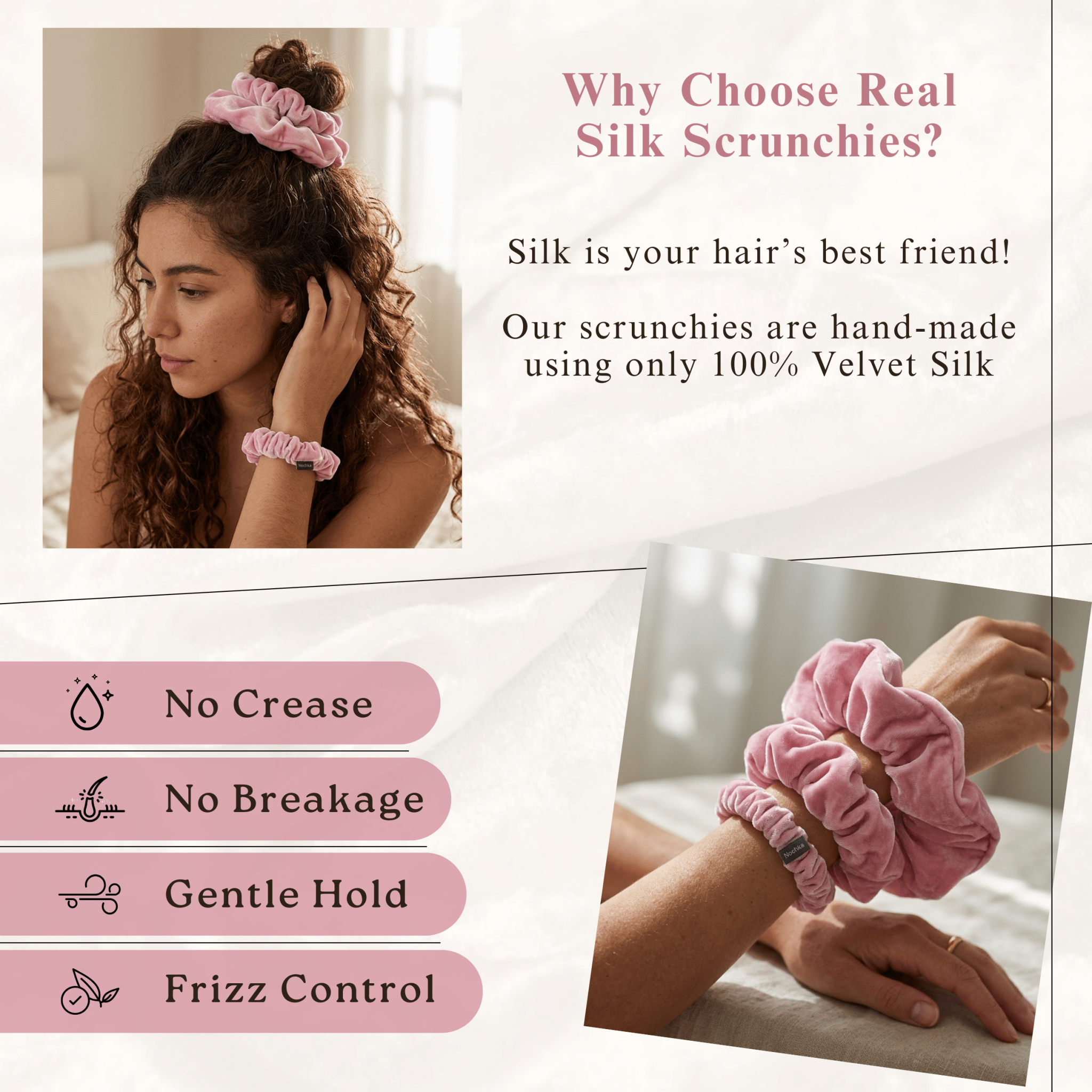 NOCHKA Dusty Rose Velvet Silk Scrunchies – Ultra Thin, Skinny, Regular & Jumbo Hair Ties – Soft Luxury Black Scrunchies for All Hair Type - NOCHKA
