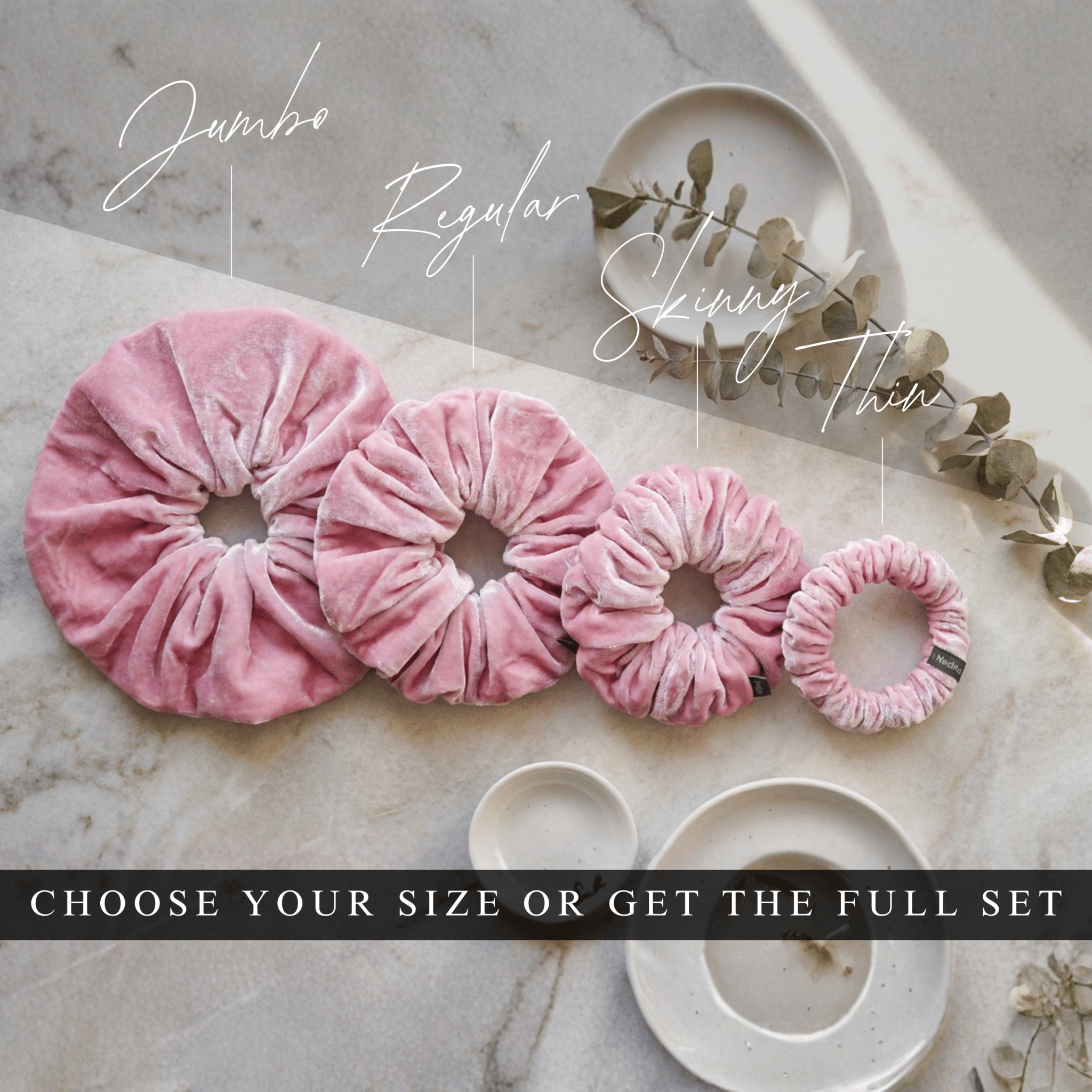 NOCHKA Dusty Rose Velvet Silk Scrunchies – Ultra Thin, Skinny, Regular & Jumbo Hair Ties – Soft Luxury Black Scrunchies for All Hair Type - NOCHKA
