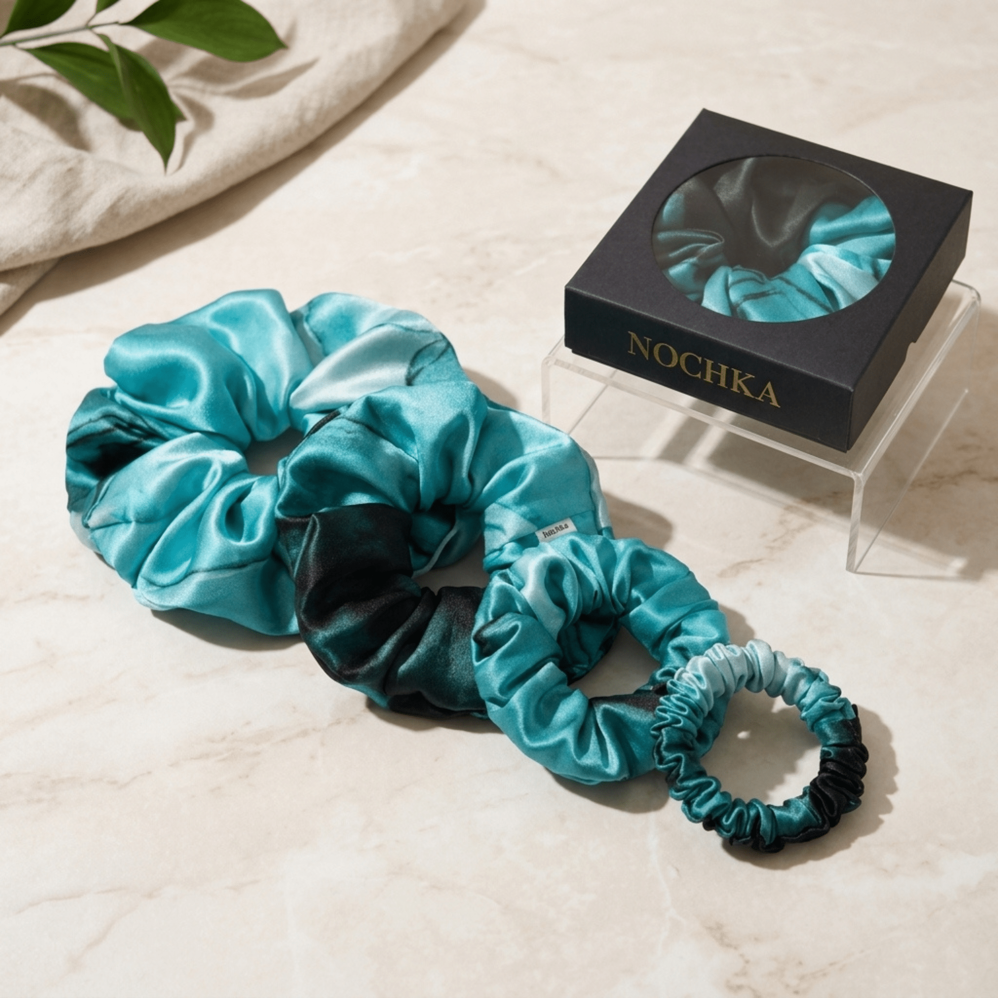 NOCHKA Dusty Turquoise Print of Silk Scrunchies – Ultra Thin, Skinny, Regular & Jumbo - NOCHKA
