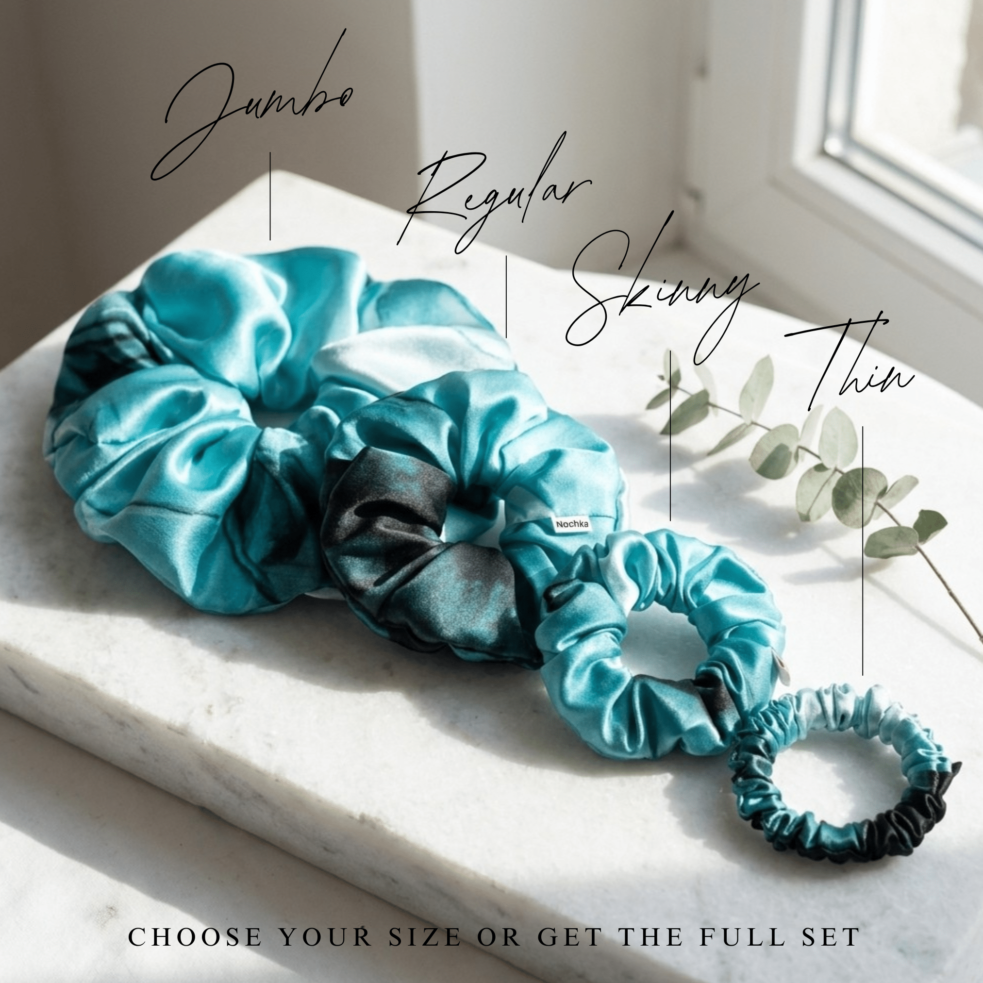 NOCHKA Dusty Turquoise Print of Silk Scrunchies – Ultra Thin, Skinny, Regular & Jumbo - NOCHKA
