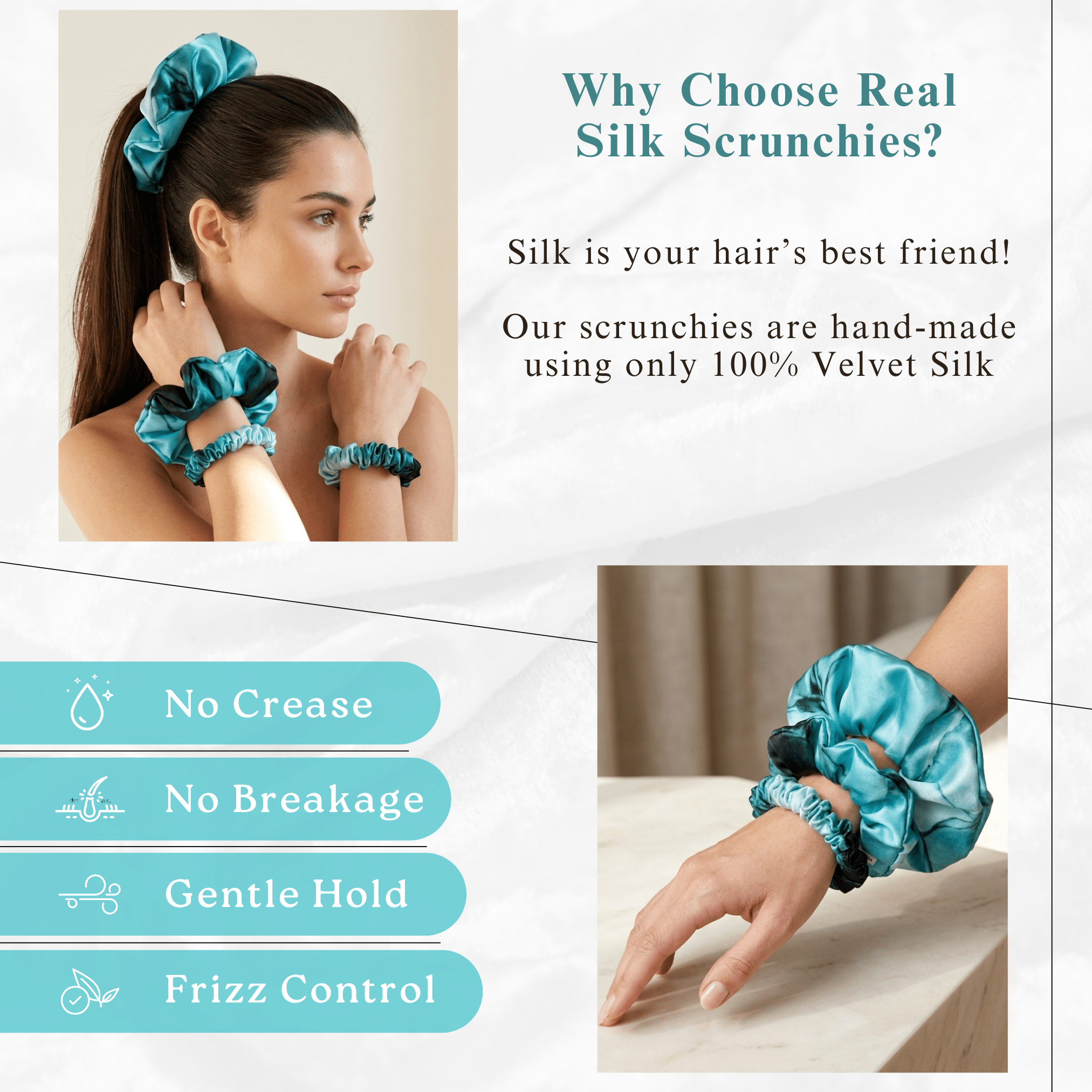 NOCHKA Dusty Turquoise Print of Silk Scrunchies – Ultra Thin, Skinny, Regular & Jumbo - NOCHKA
