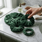 NOCHKA Evergreen Velvet Silk Scrunchies – Ultra Thin, Skinny, Regular & Jumbo Hair Ties – Soft Luxury Black Scrunchies for All Hair Types - NOCHKA
