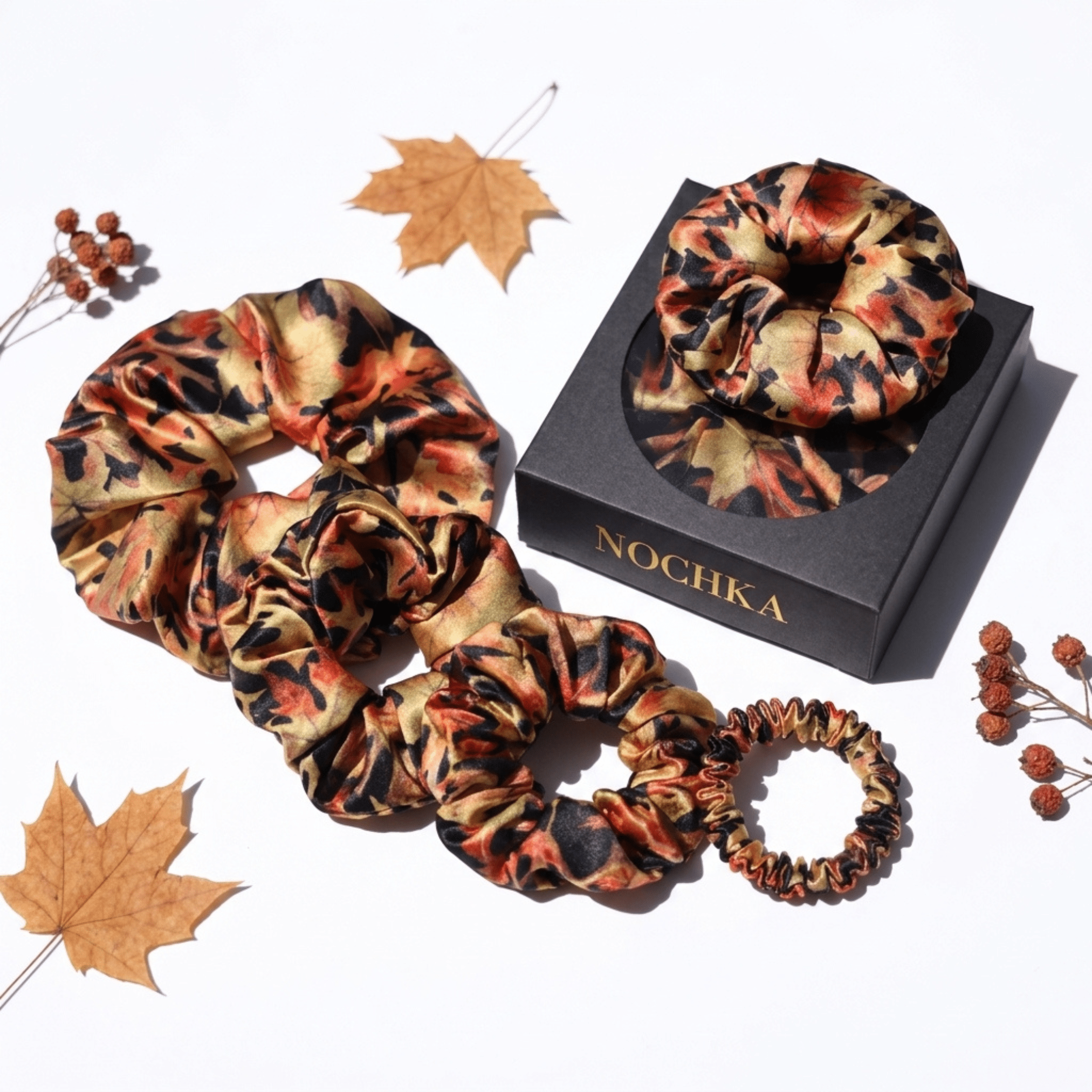 NOCHKA Fall Leaves Print of Silk Scrunchies – Ultra Thin, Skinny, Regular & Jumbo - NOCHKA

