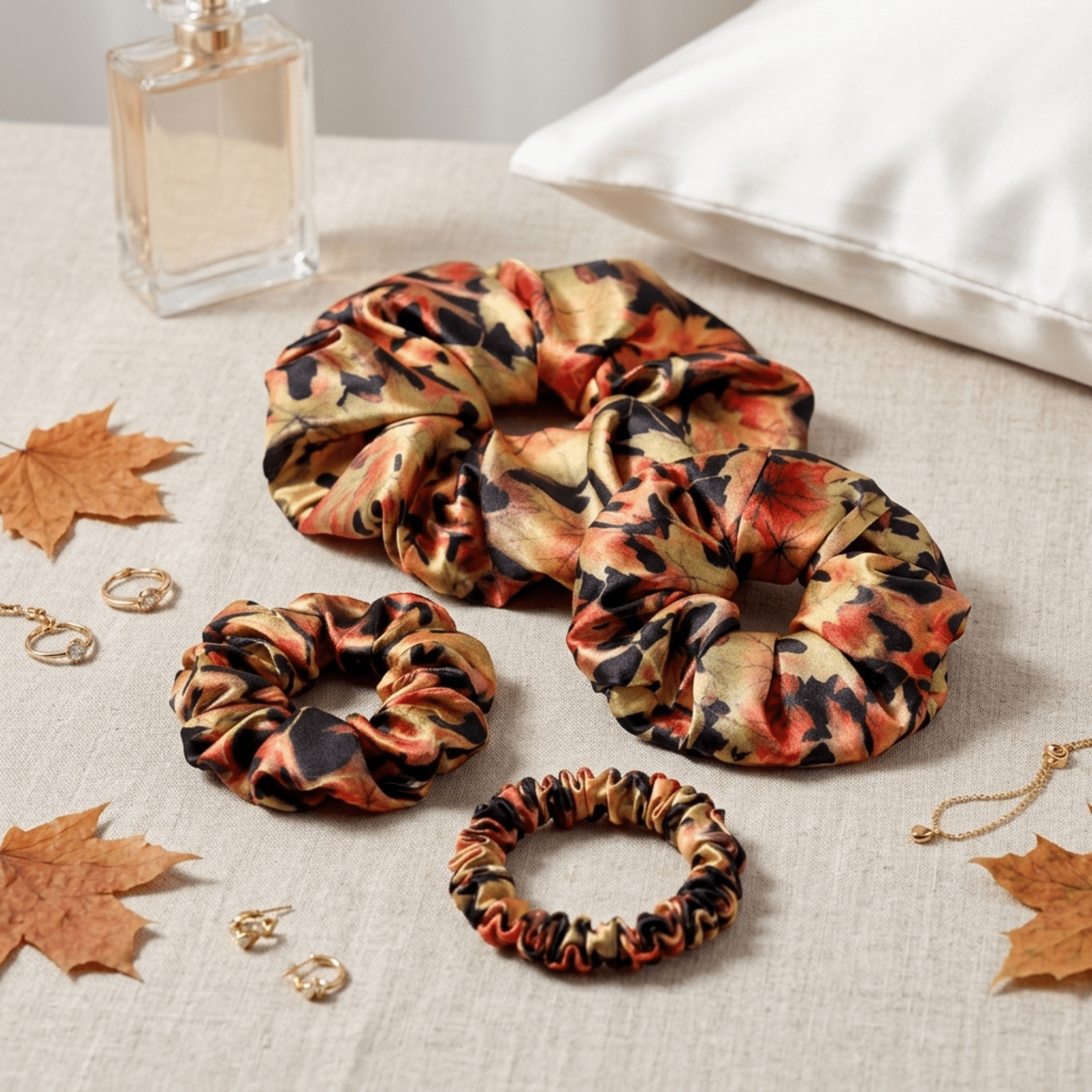 NOCHKA Fall Leaves Print of Silk Scrunchies – Ultra Thin, Skinny, Regular & Jumbo - NOCHKA

