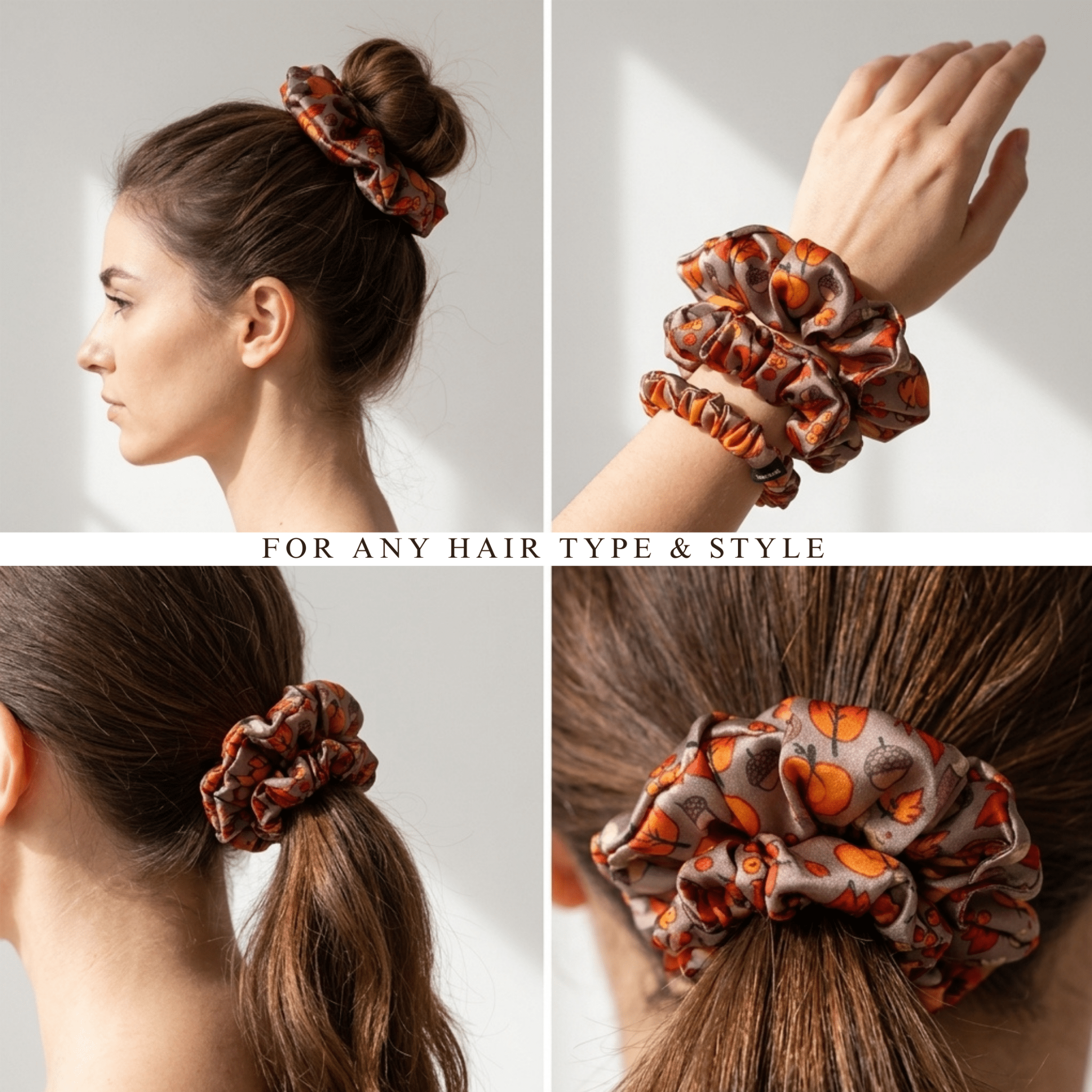 NOCHKA Fall Theme Print of Silk Scrunchies – Ultra Thin, Skinny, Regular & Jumbo - NOCHKA
