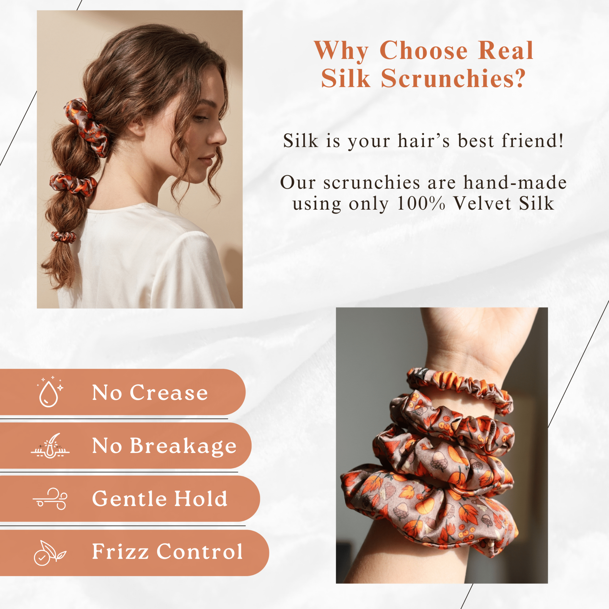NOCHKA Fall Theme Print of Silk Scrunchies – Ultra Thin, Skinny, Regular & Jumbo - NOCHKA
