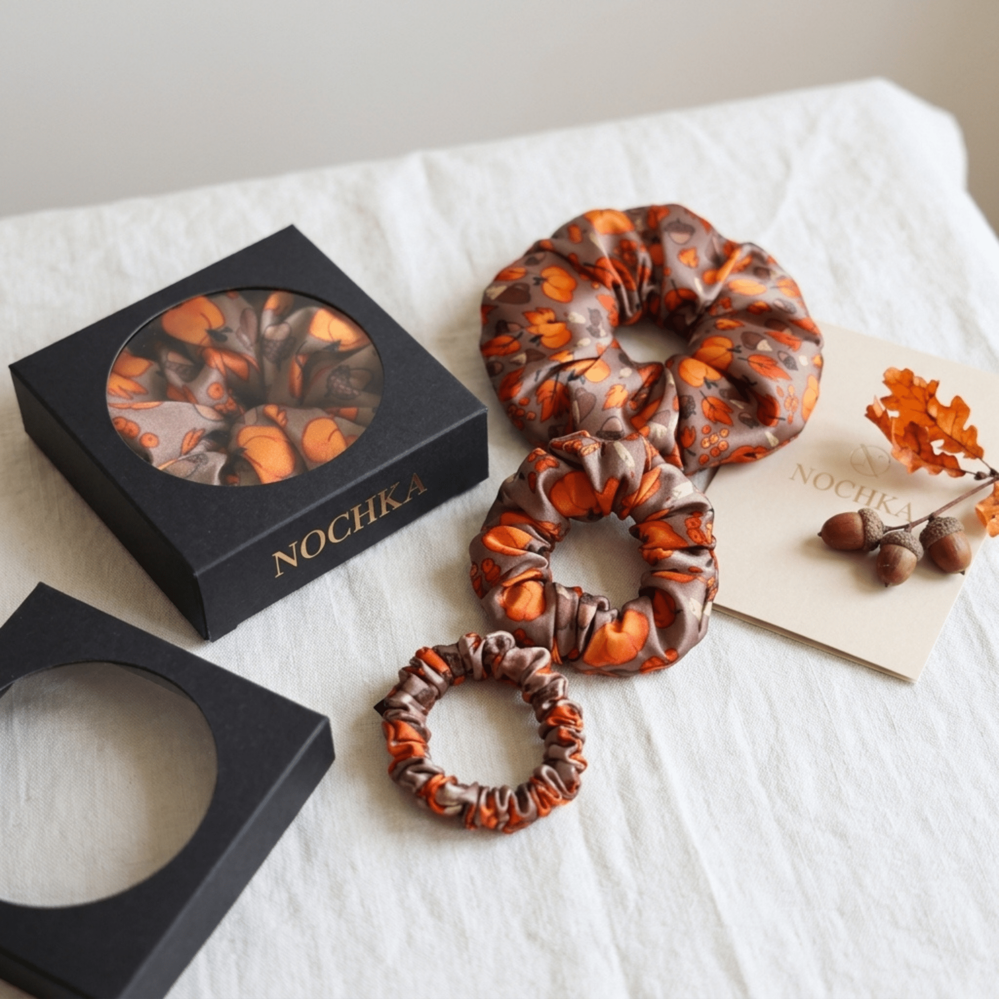 NOCHKA Fall Theme Print of Silk Scrunchies – Ultra Thin, Skinny, Regular & Jumbo - NOCHKA
