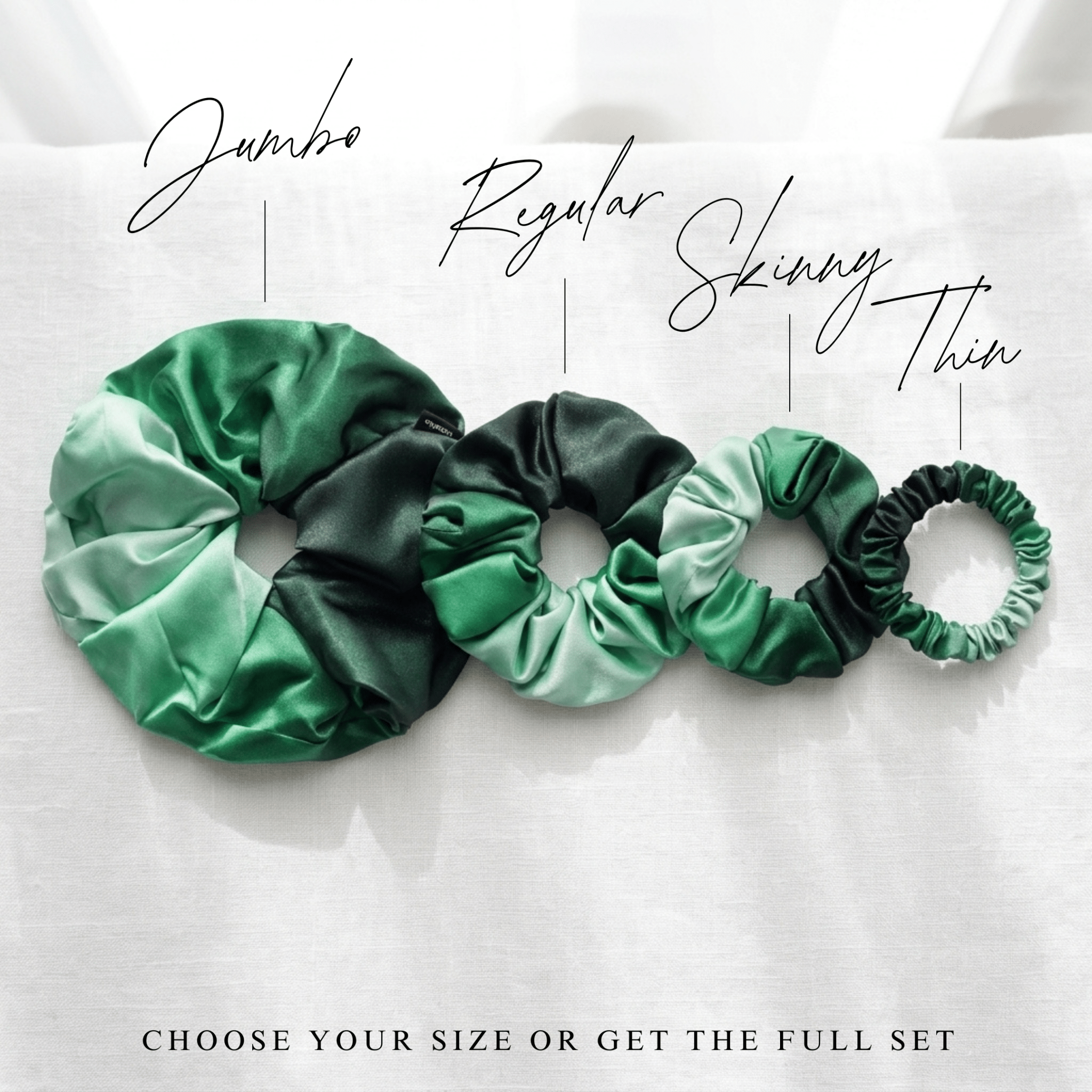 NOCHKA Green Gradient Print of Silk Scrunchies – Ultra Thin, Skinny, Regular & Jumbo - NOCHKA
