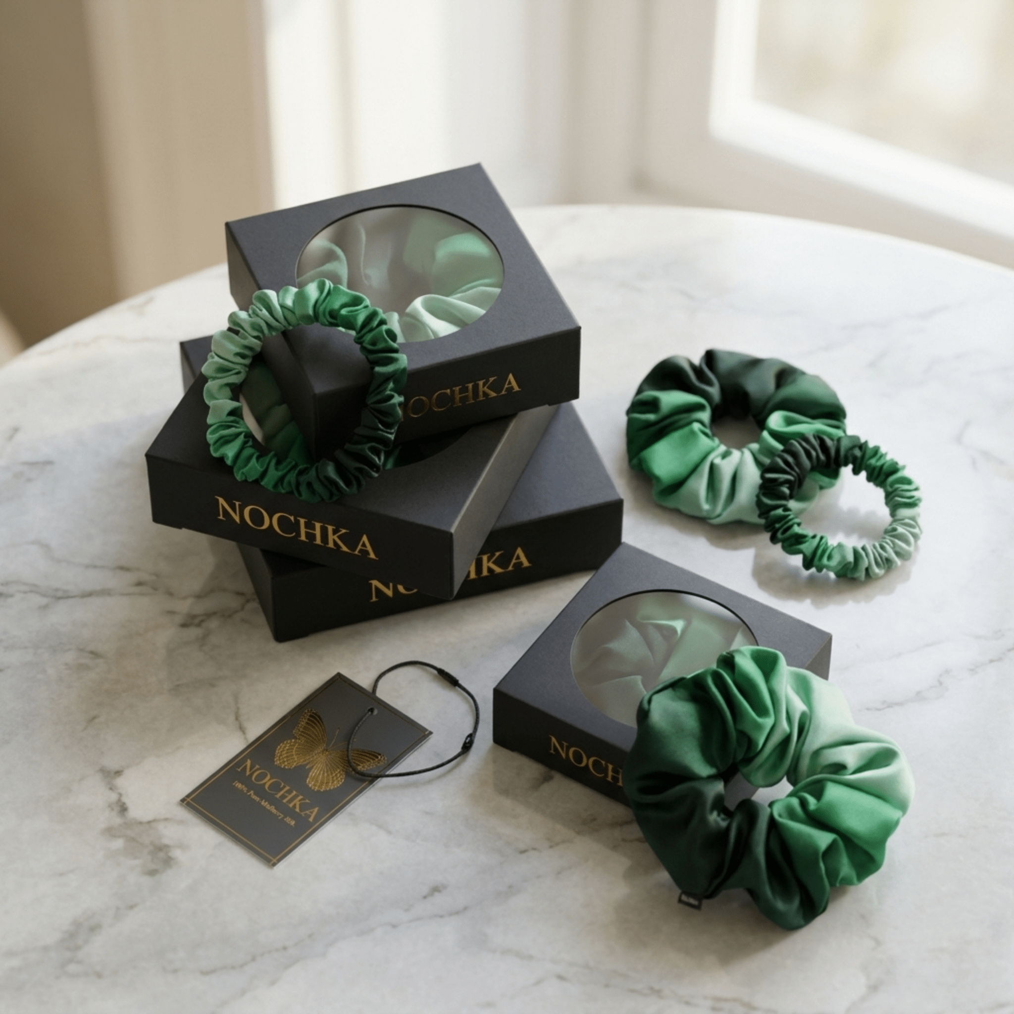 NOCHKA Green Gradient Print of Silk Scrunchies – Ultra Thin, Skinny, Regular & Jumbo - NOCHKA
