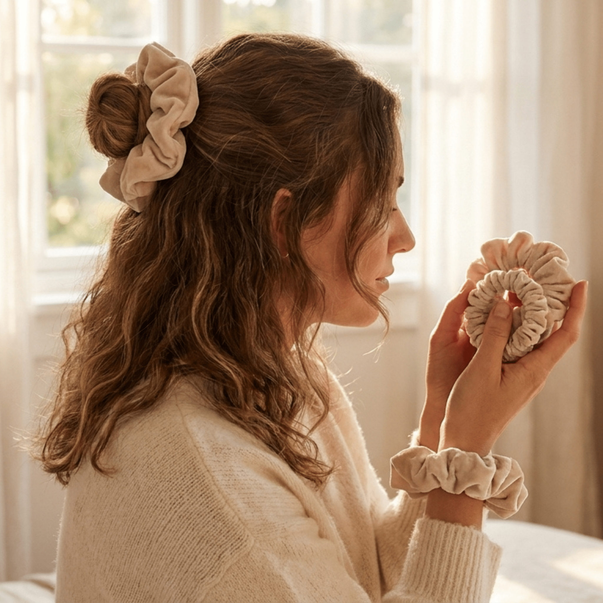 NOCHKA Ivory Velvet Silk Scrunchies – Ultra Thin, Skinny, Regular & Jumbo Hair Ties – Soft Luxury Black Scrunchies for All Hair Type - NOCHKA
