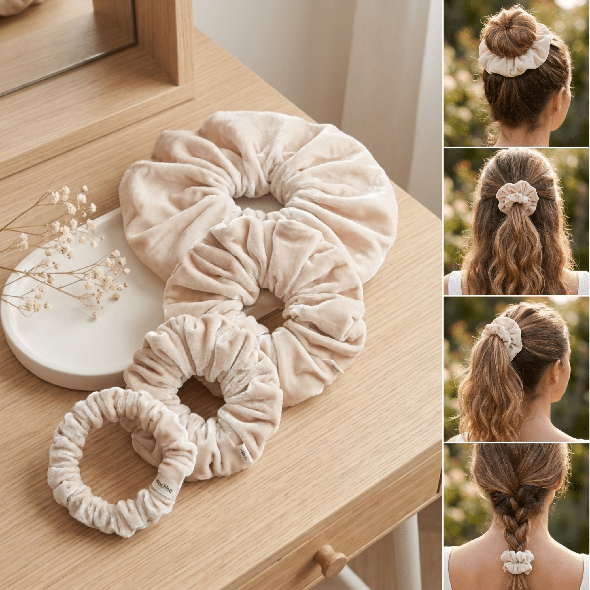 NOCHKA Ivory Velvet Silk Scrunchies – Ultra Thin, Skinny, Regular & Jumbo Hair Ties – Soft Luxury Black Scrunchies for All Hair Type - NOCHKA
