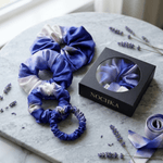 NOCHKA Lavender Indigo Print of Silk Scrunchies – Ultra Thin, Skinny, Regular & Jumbo - NOCHKA
