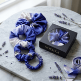 NOCHKA Lavender Indigo Print of Silk Scrunchies – Ultra Thin, Skinny, Regular & Jumbo - NOCHKA
