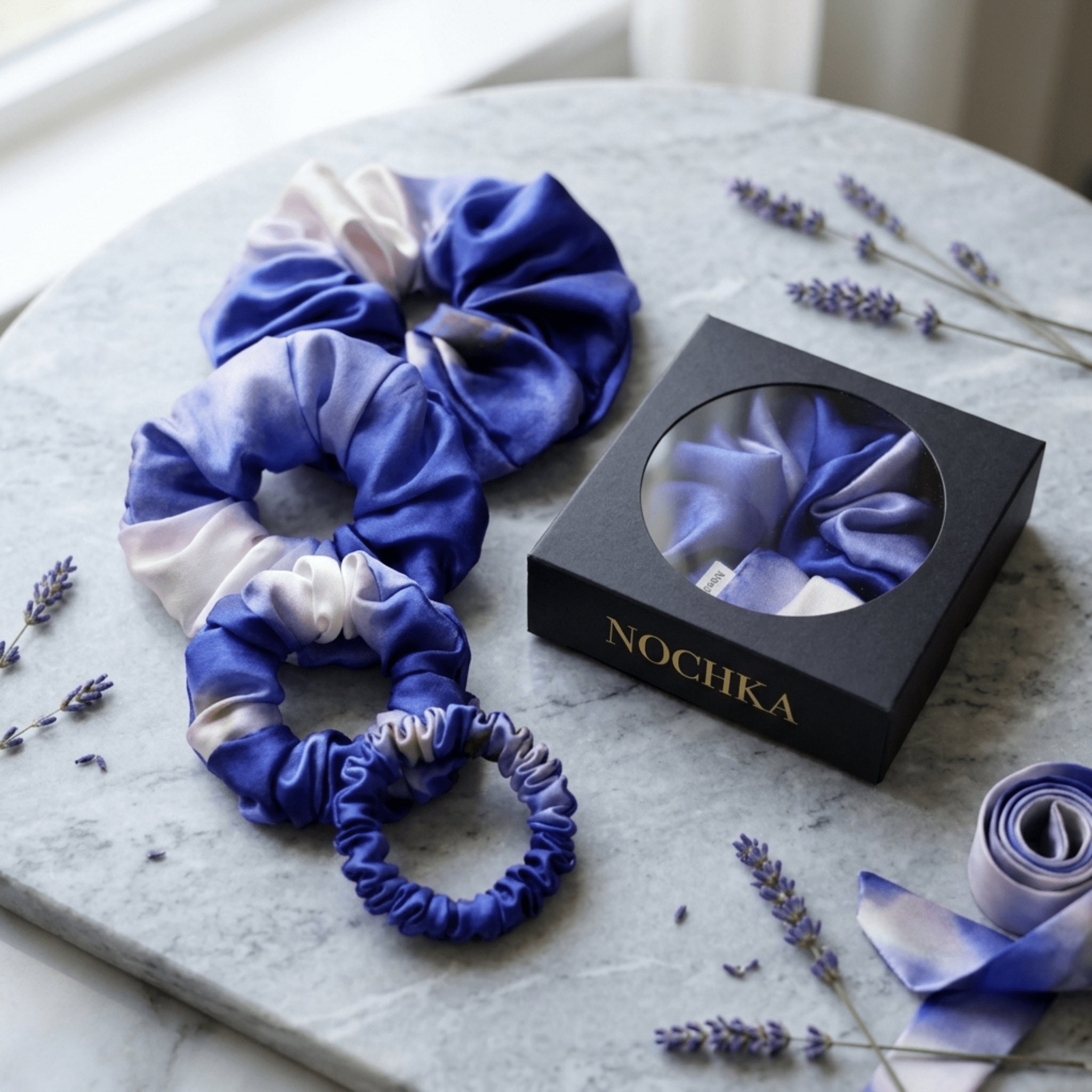 NOCHKA Lavender Indigo Print of Silk Scrunchies – Ultra Thin, Skinny, Regular & Jumbo - NOCHKA
