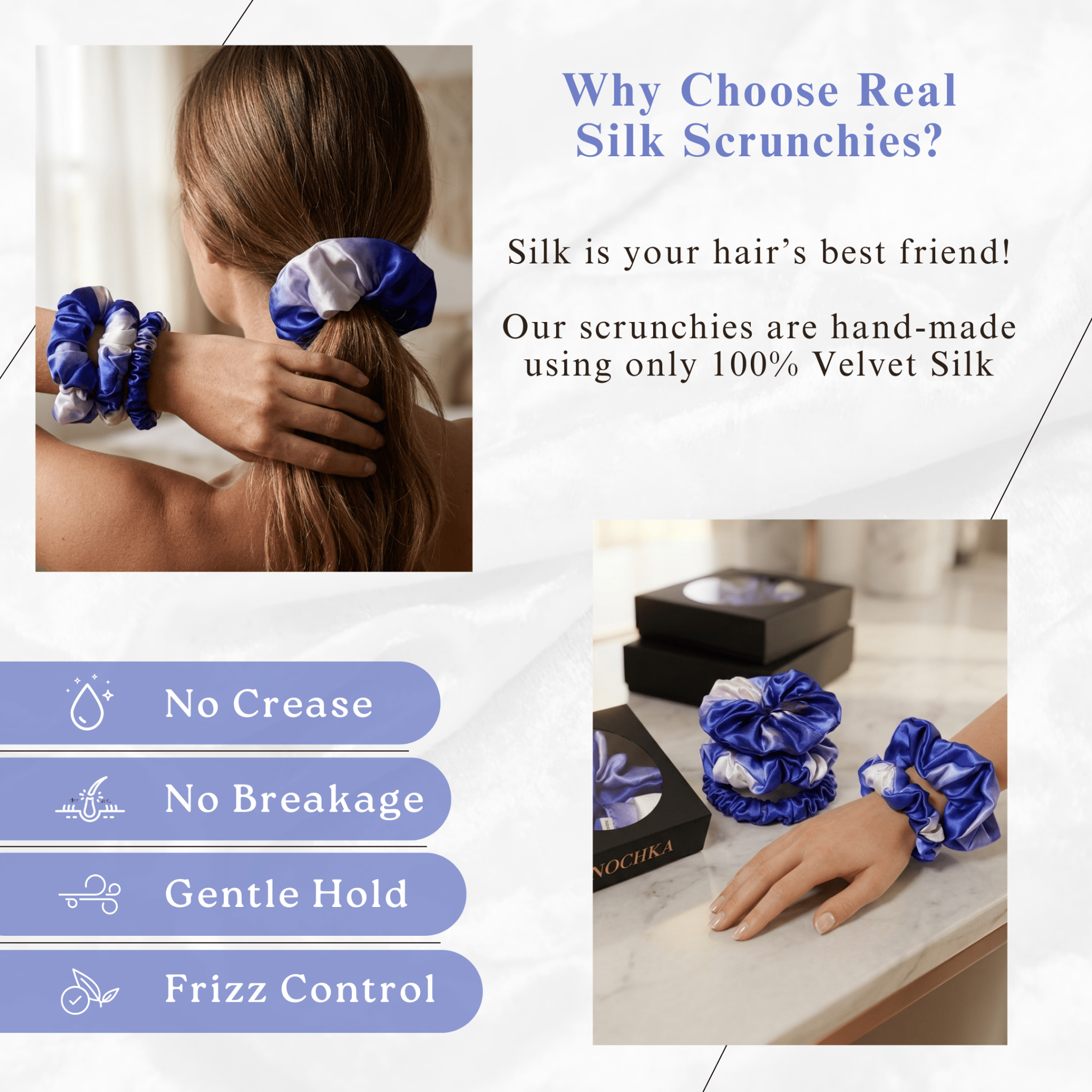 NOCHKA Lavender Indigo Print of Silk Scrunchies – Ultra Thin, Skinny, Regular & Jumbo - NOCHKA

