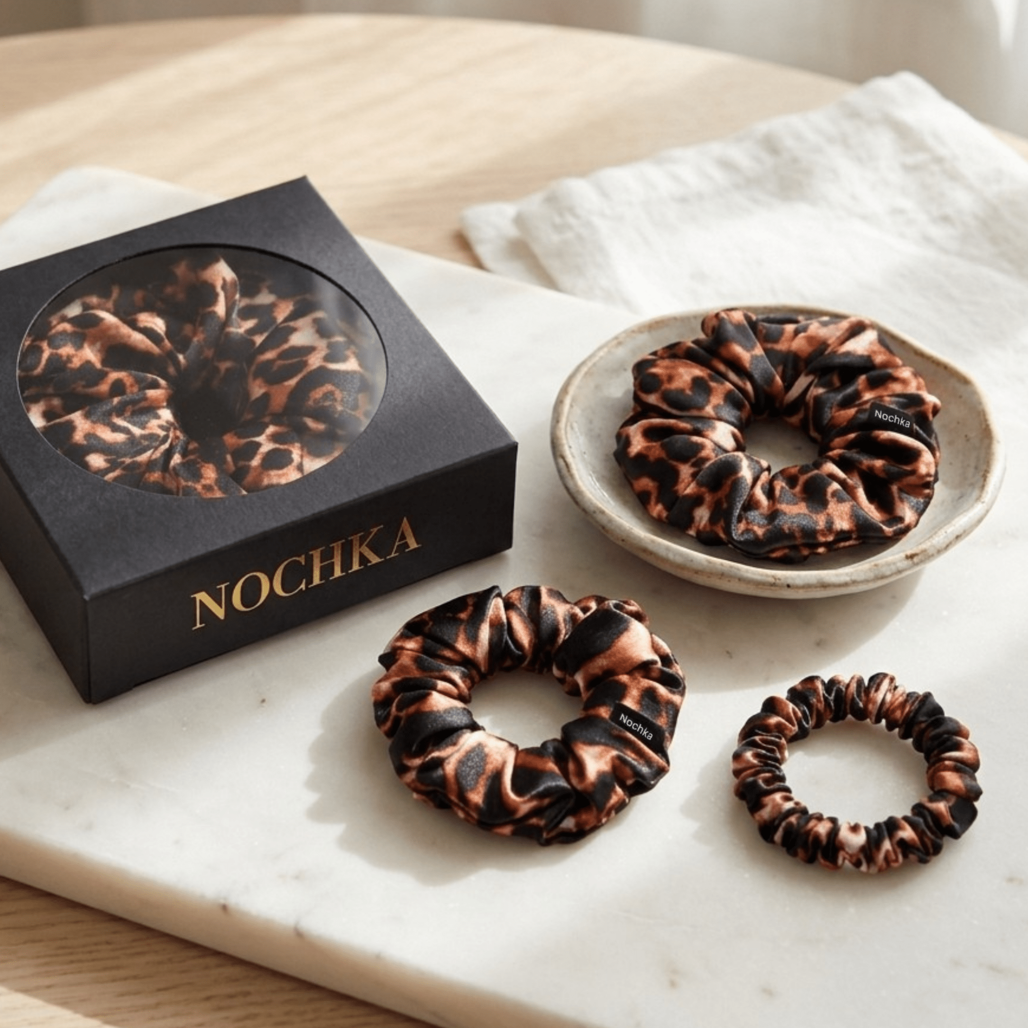 NOCHKA Leopard Print of Silk Scrunchies – Ultra Thin, Skinny, Regular & Jumbo - NOCHKA
