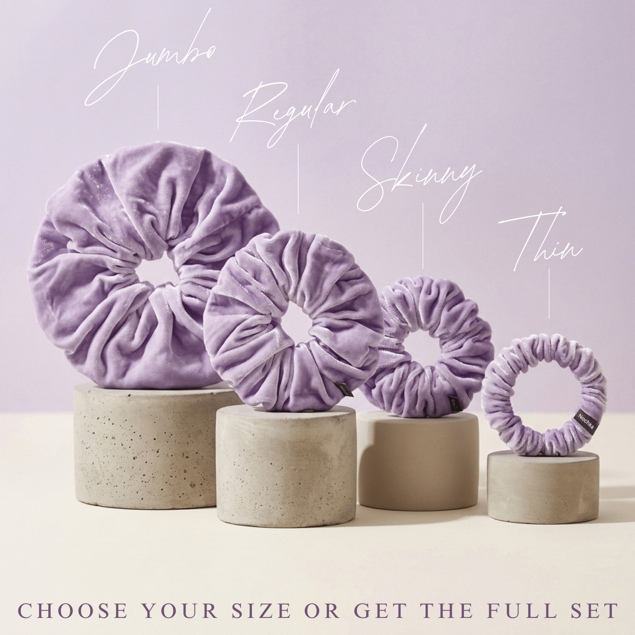 NOCHKA Midnight Lavender Velvet Silk Scrunchies – Ultra Thin, Skinny, Regular & Jumbo Hair Ties – Soft Luxury Black Scrunchies for All Hair Type - NOCHKA
