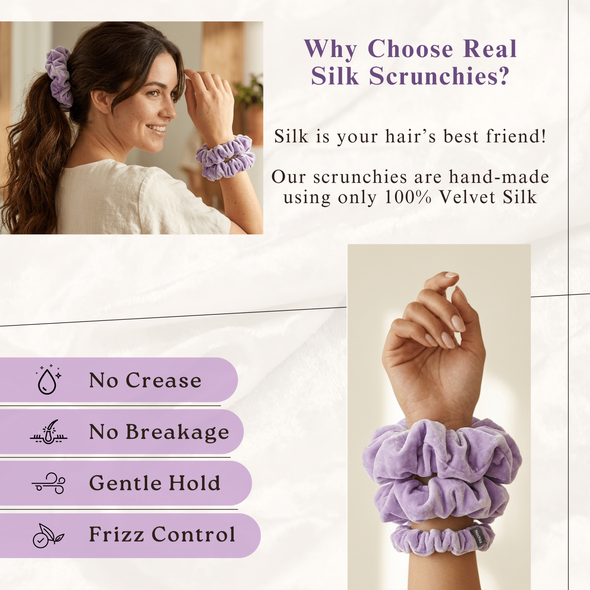 NOCHKA Midnight Lavender Velvet Silk Scrunchies – Ultra Thin, Skinny, Regular & Jumbo Hair Ties – Soft Luxury Black Scrunchies for All Hair Type - NOCHKA
