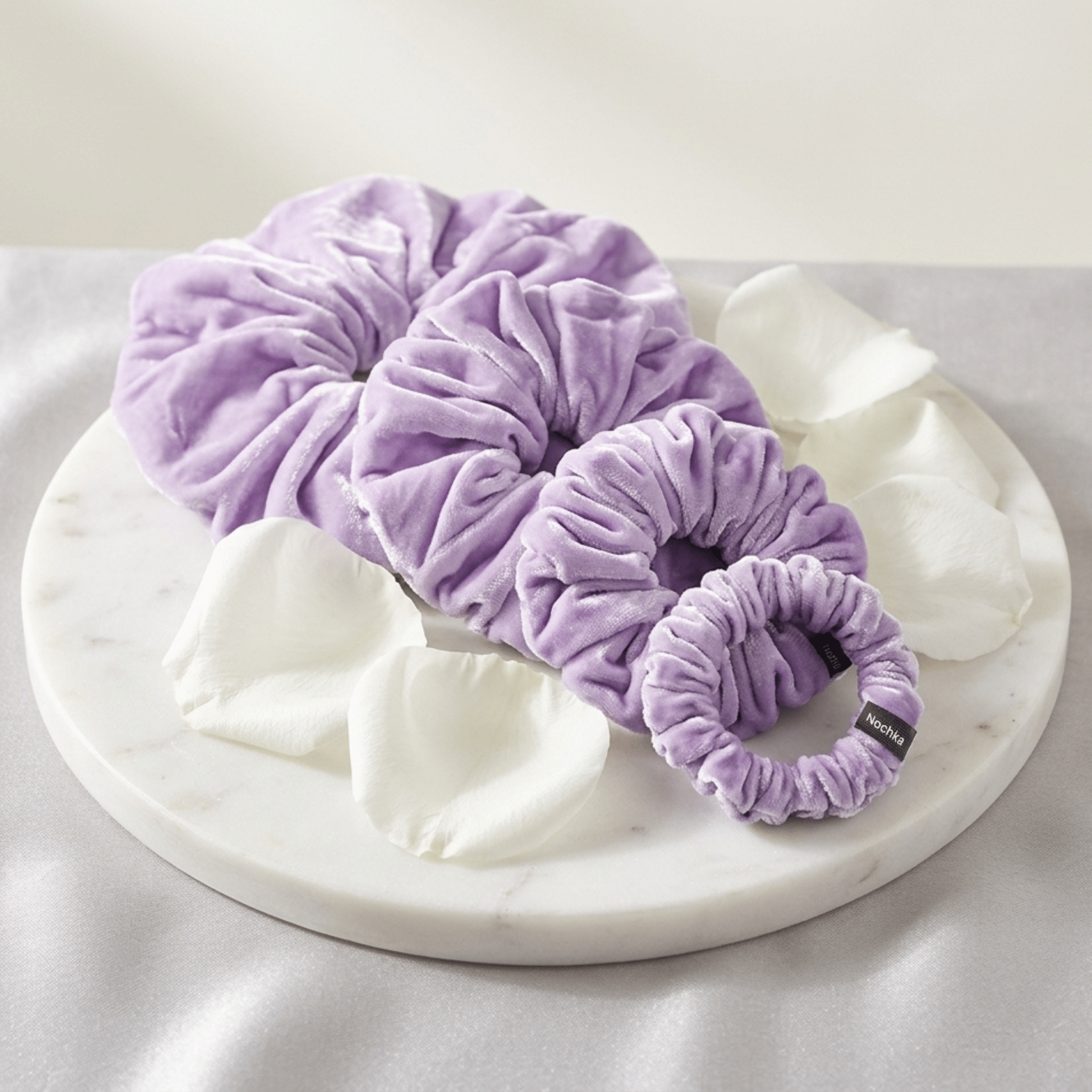 NOCHKA Midnight Lavender Velvet Silk Scrunchies – Ultra Thin, Skinny, Regular & Jumbo Hair Ties – Soft Luxury Black Scrunchies for All Hair Type - NOCHKA
