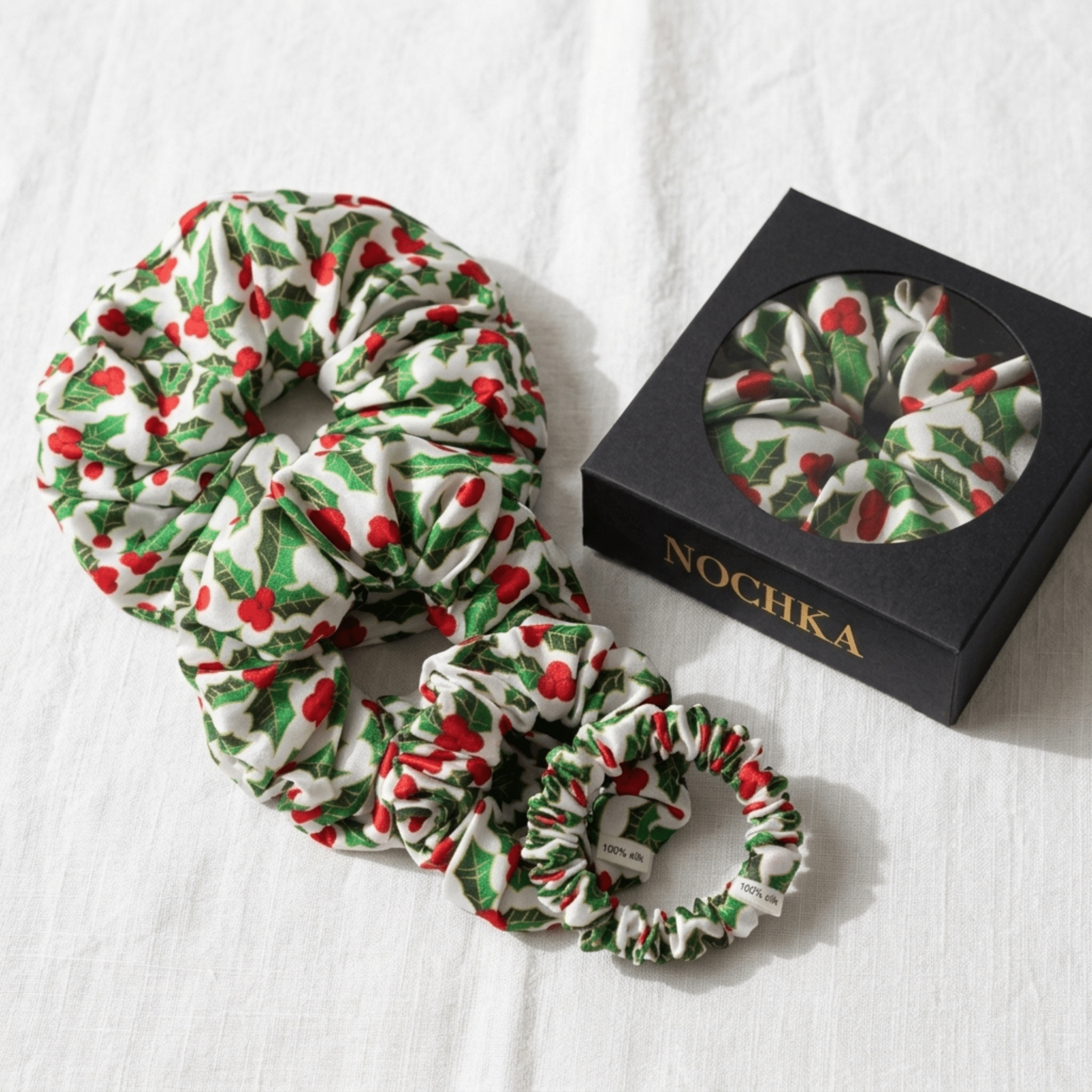 NOCHKA Mistletoe Print of Silk Scrunchies – Ultra Thin, Skinny, Regular & Jumbo - NOCHKA
